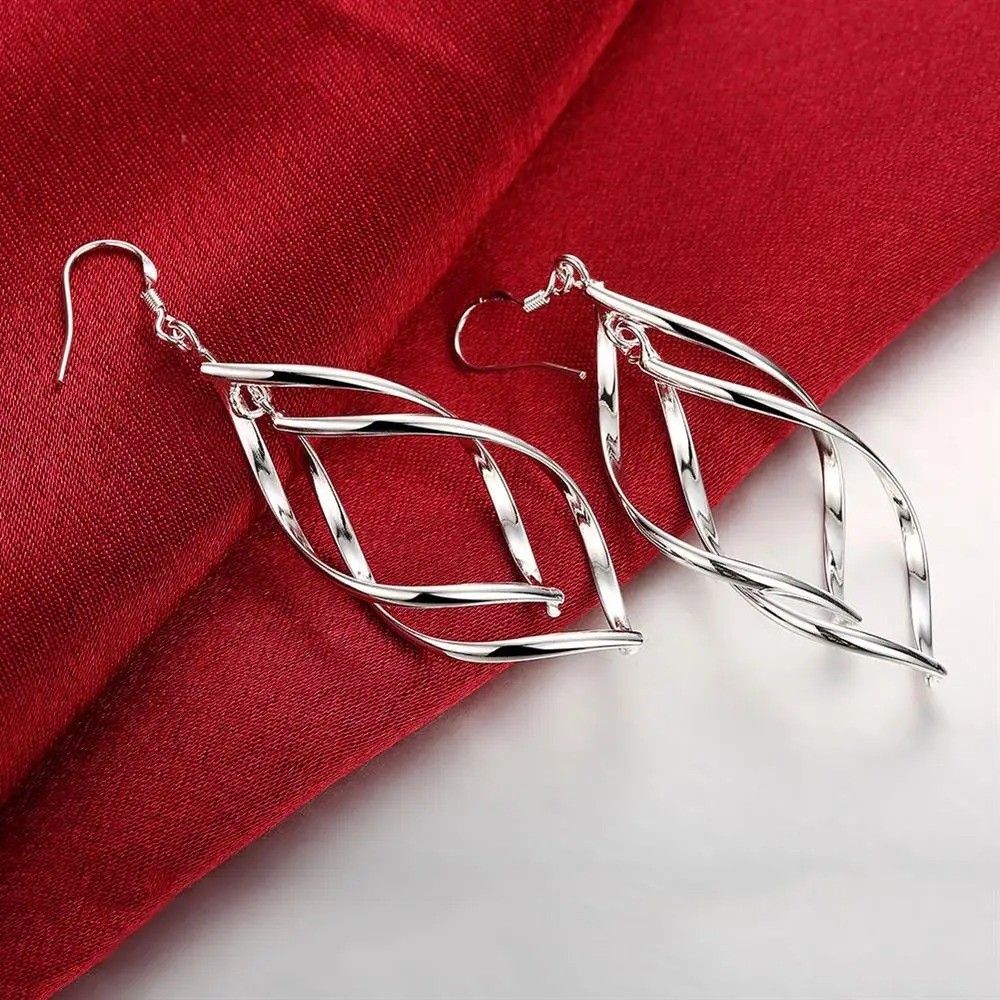 Womens 925 Sterling Solid Silver Twist Spiral Long Drop Dangle Charm Earrings