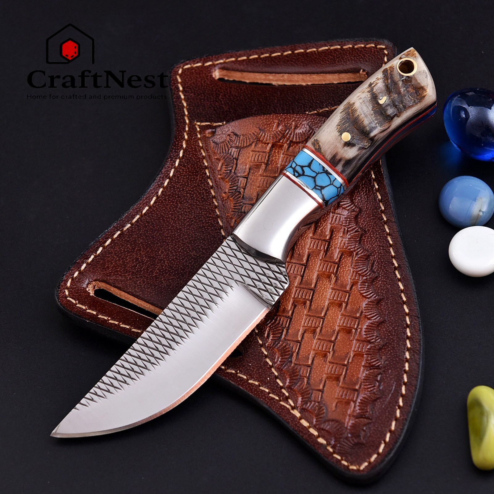 Handmade Rasp Steel Cowboy Knife | Ram Horn & Turquoise Handle | Leather Sheath