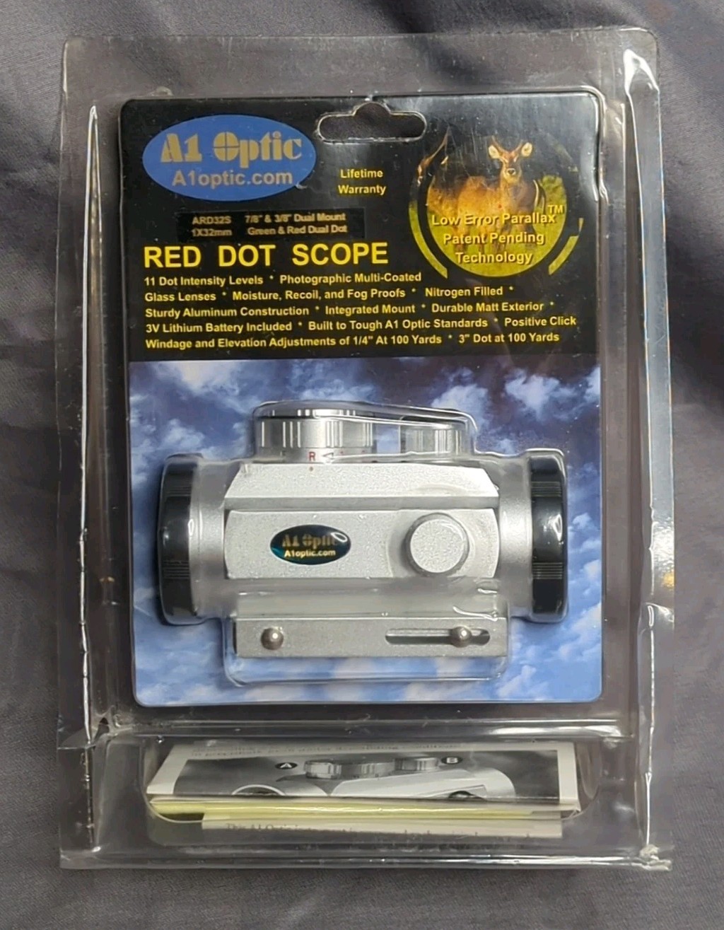 A1 Optic ARD32S Red Dot Scope 1x32mm 7/8 3/8 Inch Dual Mount New In Package Look