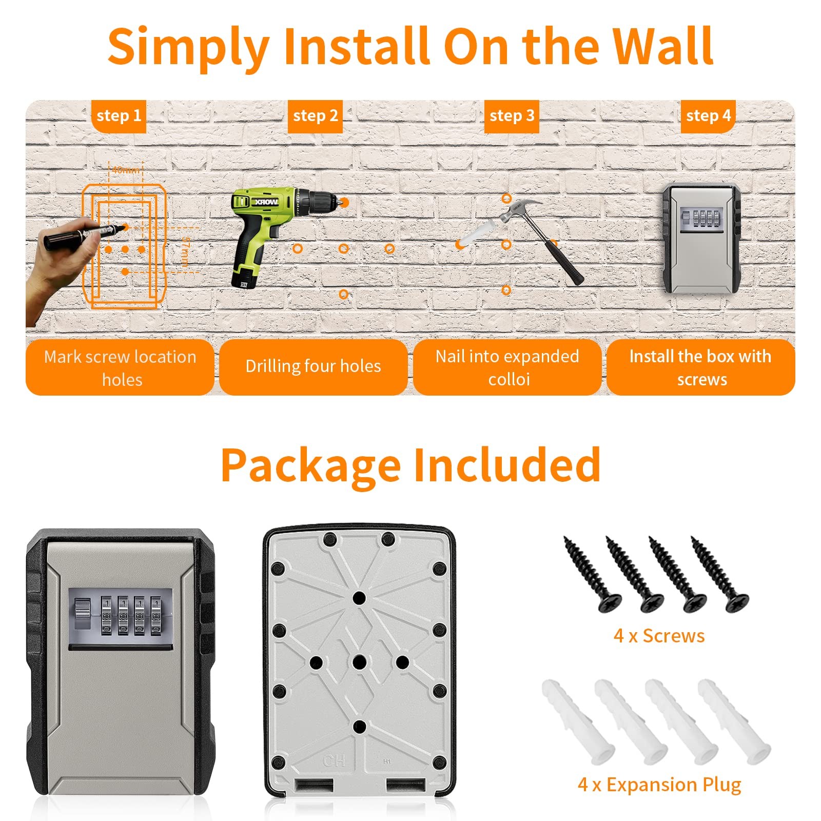 UPGRADE Extra Large Capacity Key Lock Box, Weatherproof Wall Mount Grey