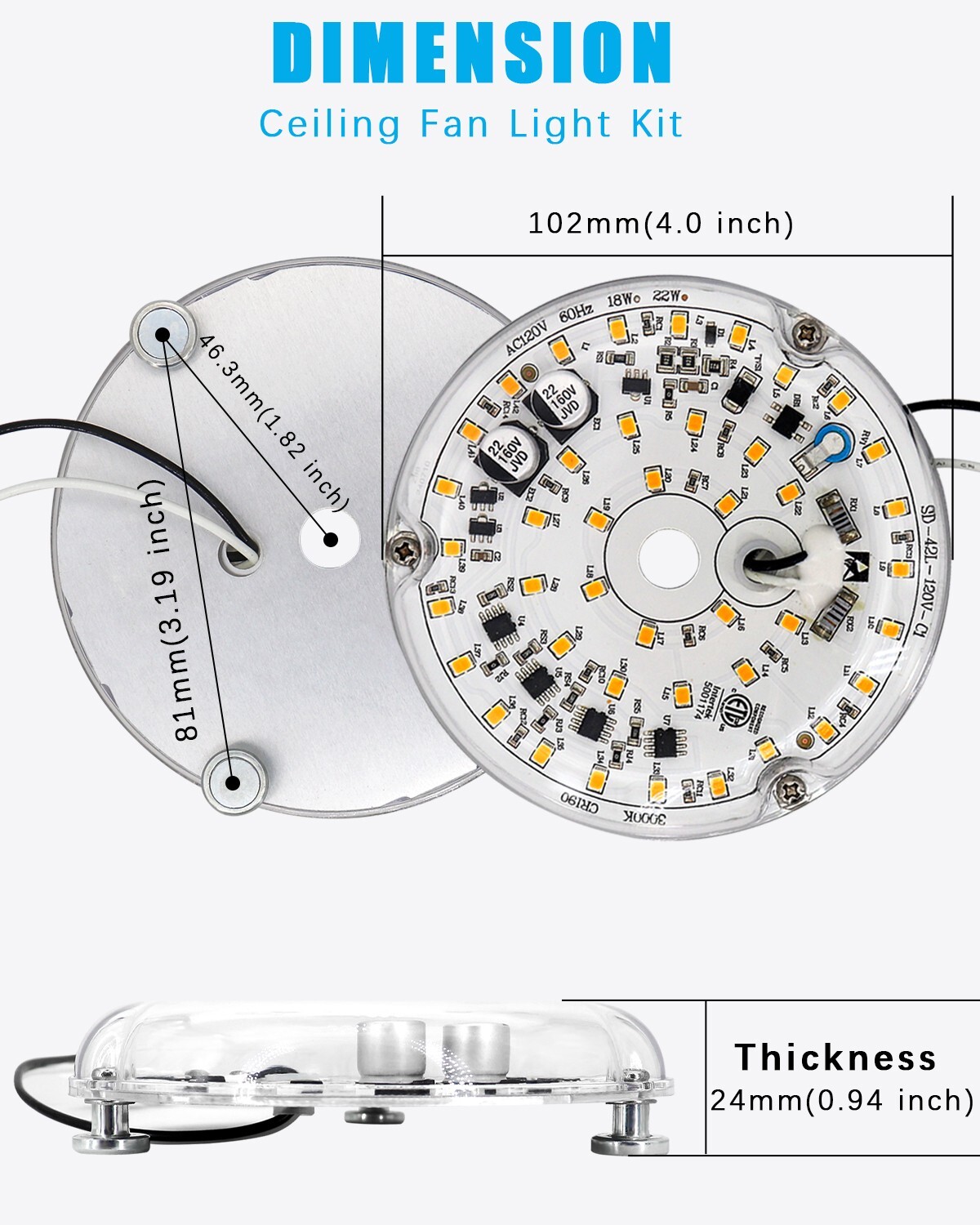Light Kit for Ceiling Fan 4 Inch Replacement, 18W LED Retrofit LED Panel Light
