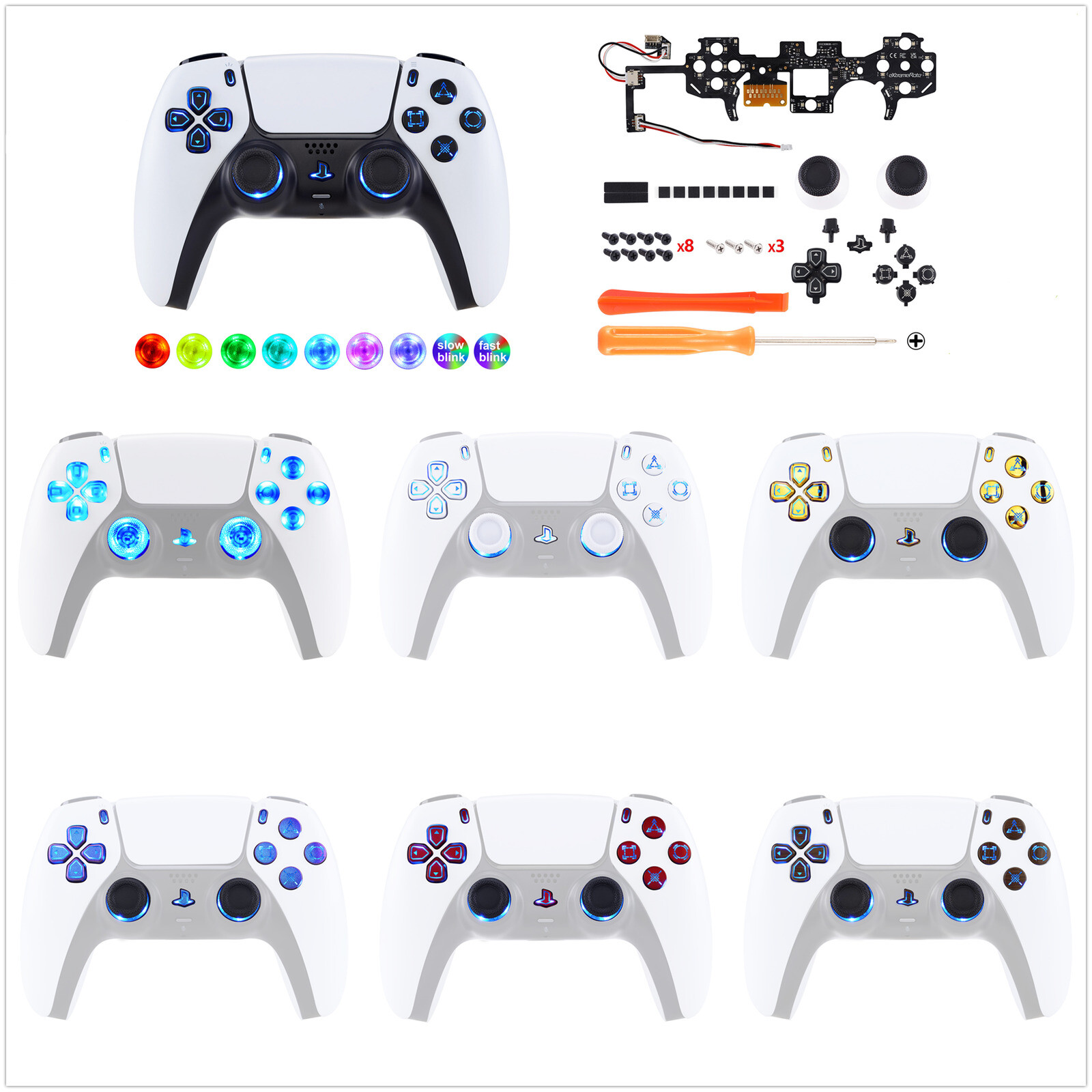 7 Colors 9 Modes Luminated Buttons LED Kit For PS5 Controller BDM-030 / 040