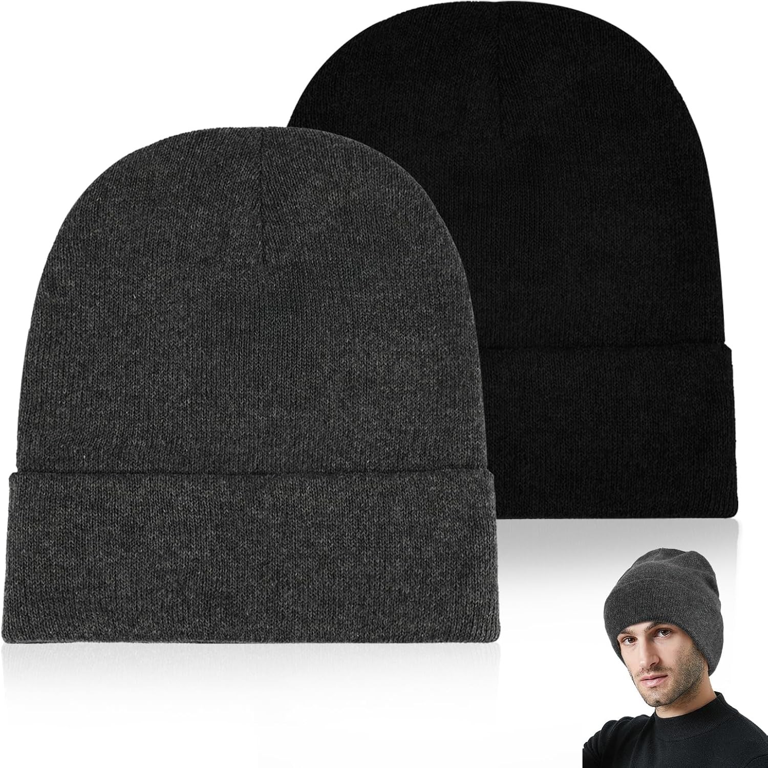 2 Pack Unisex Beanie for Men Women, Slouchy Cuffed Winter Beanie Hats, Soft Warm