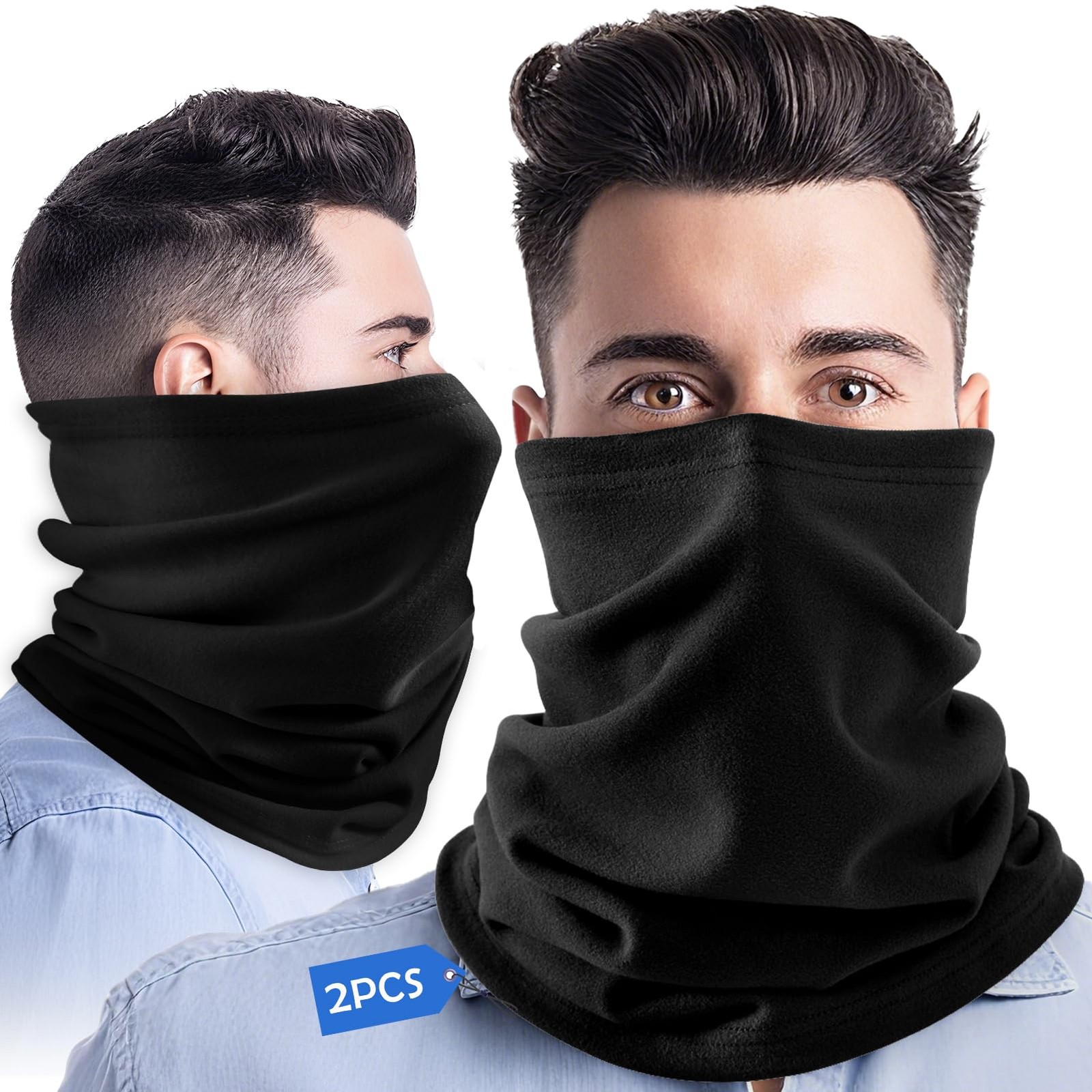 2-Pack Neck Gaiter Face Cover Scarf for Men & Women - Breathable Large, Black
