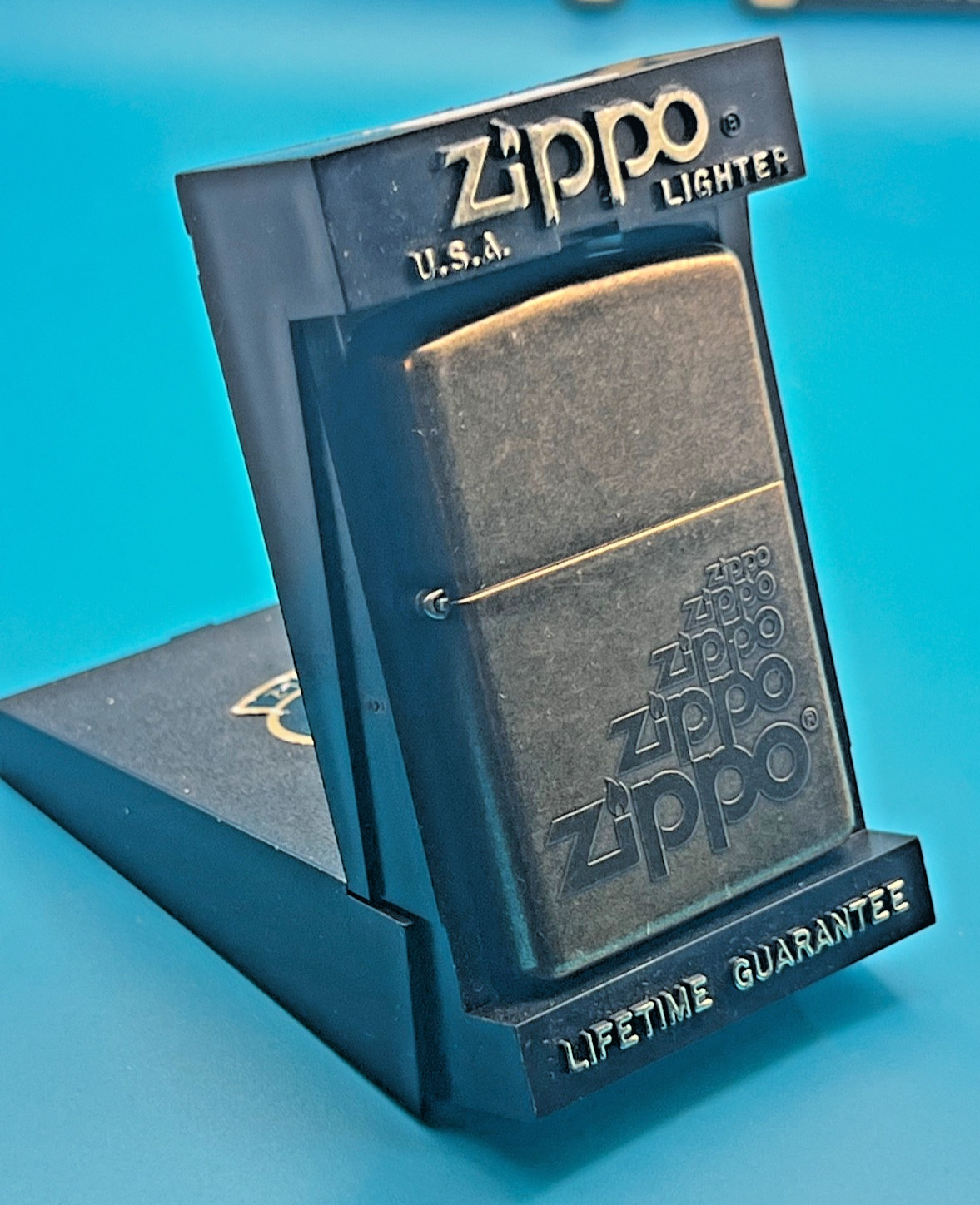 Genuine Brand New 2002 ZIPPO Lighter Rare EMBOSSED LOGO's Lovely Antique Brass