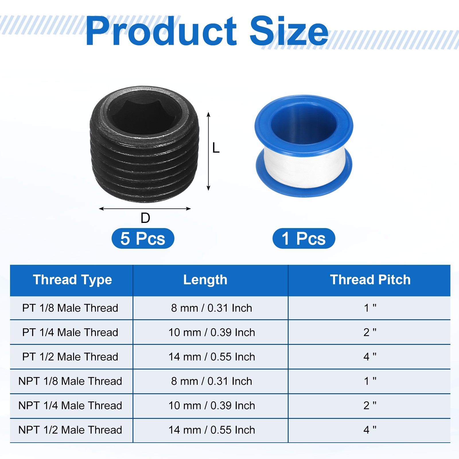 5Pcs NPT 1/8 Carbon Steel Male Thread Internal Hex Pipe Plug Fitting Socket