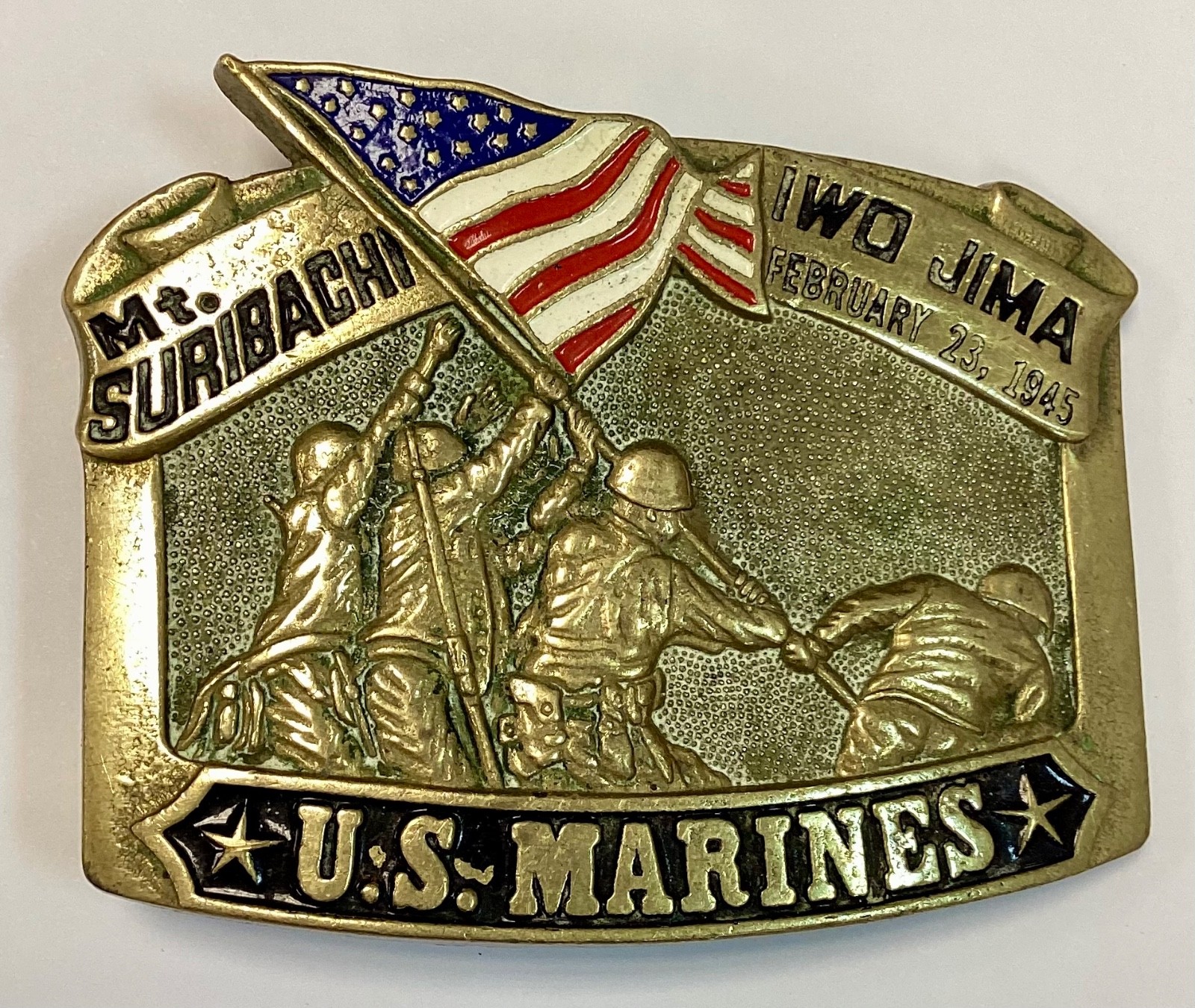 Vintage, MT SURIBACHI IWO JIMA US MARINES 1982 BARON BRASS BELT BUCKLE
