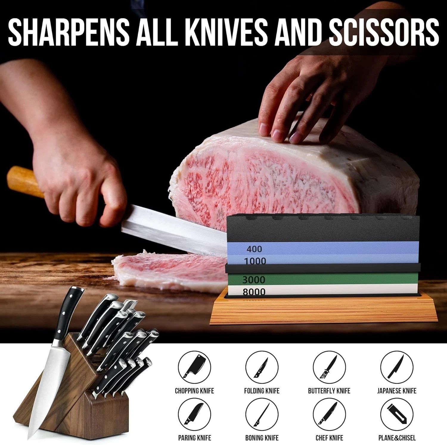 Multi-Purpose Whetstone Knife Sharpener with Cut Resistant Gloves & Strop