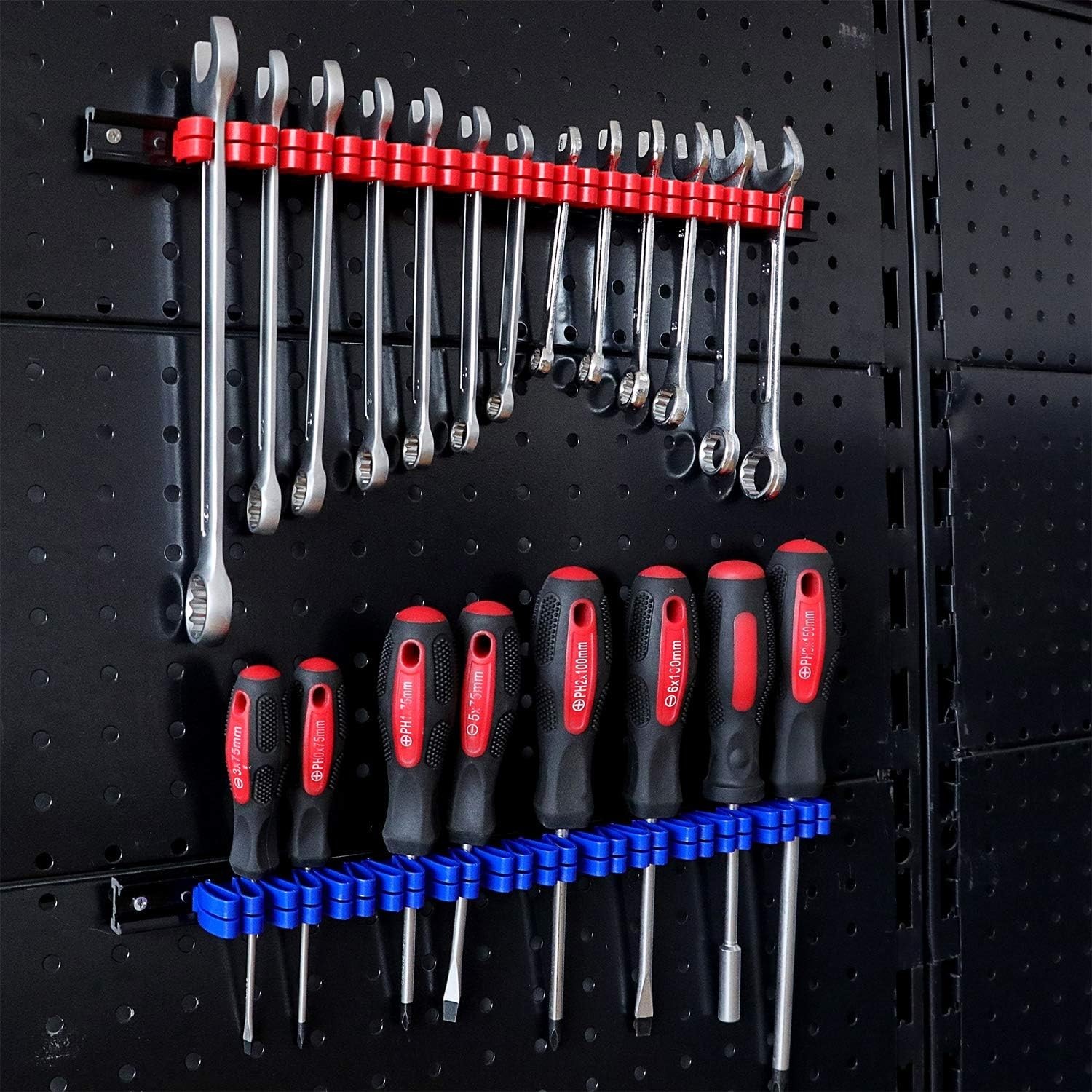Durable Wall-Mount Screwdriver and Wrench Organizer Set with Color-Coded Clips