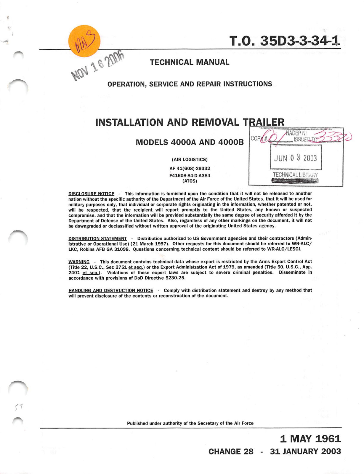 Aircraft Components Installation & Removal Trailer Model 4000 Flight Manual -CD