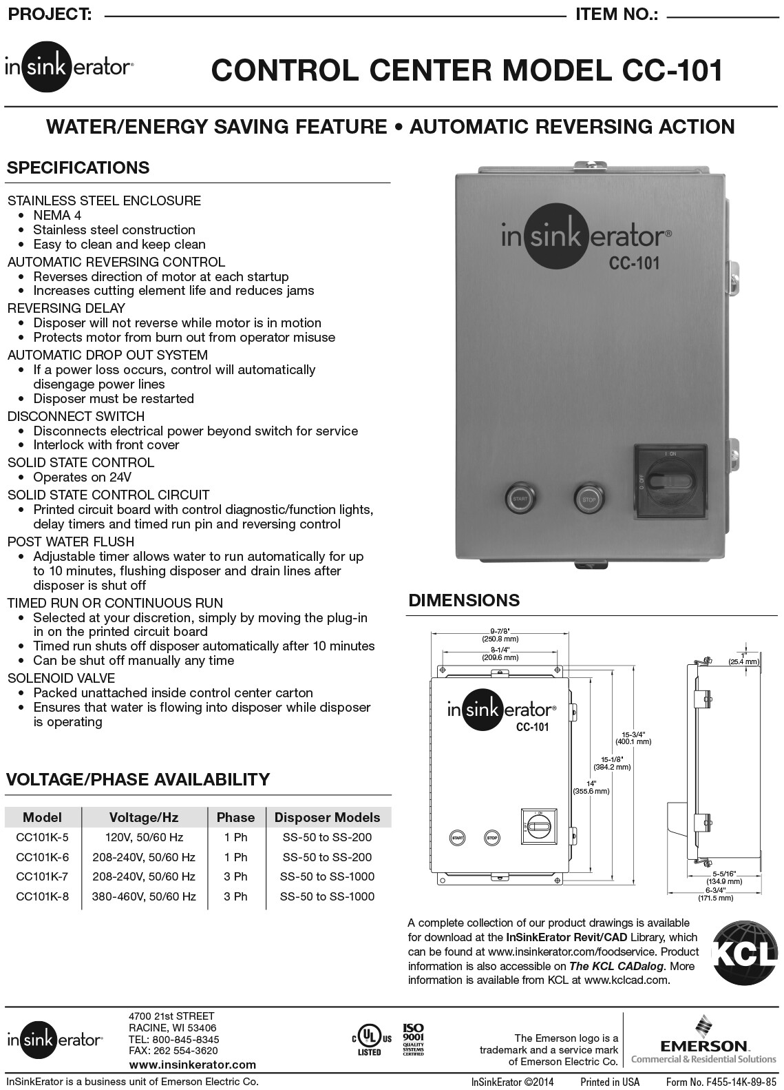 InSinkErator CC101K-5, Disposer Control Panel