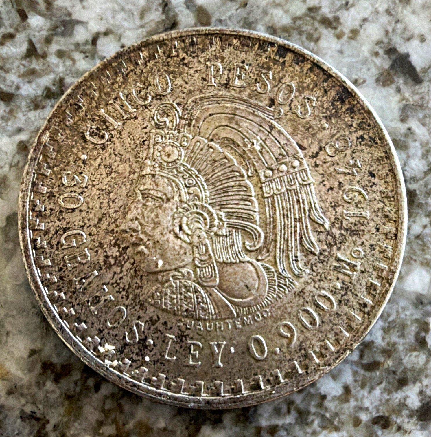1947 Mexico 5 Pesos Cuauhtemoc Silver Coin .900 Fineness KM# 465