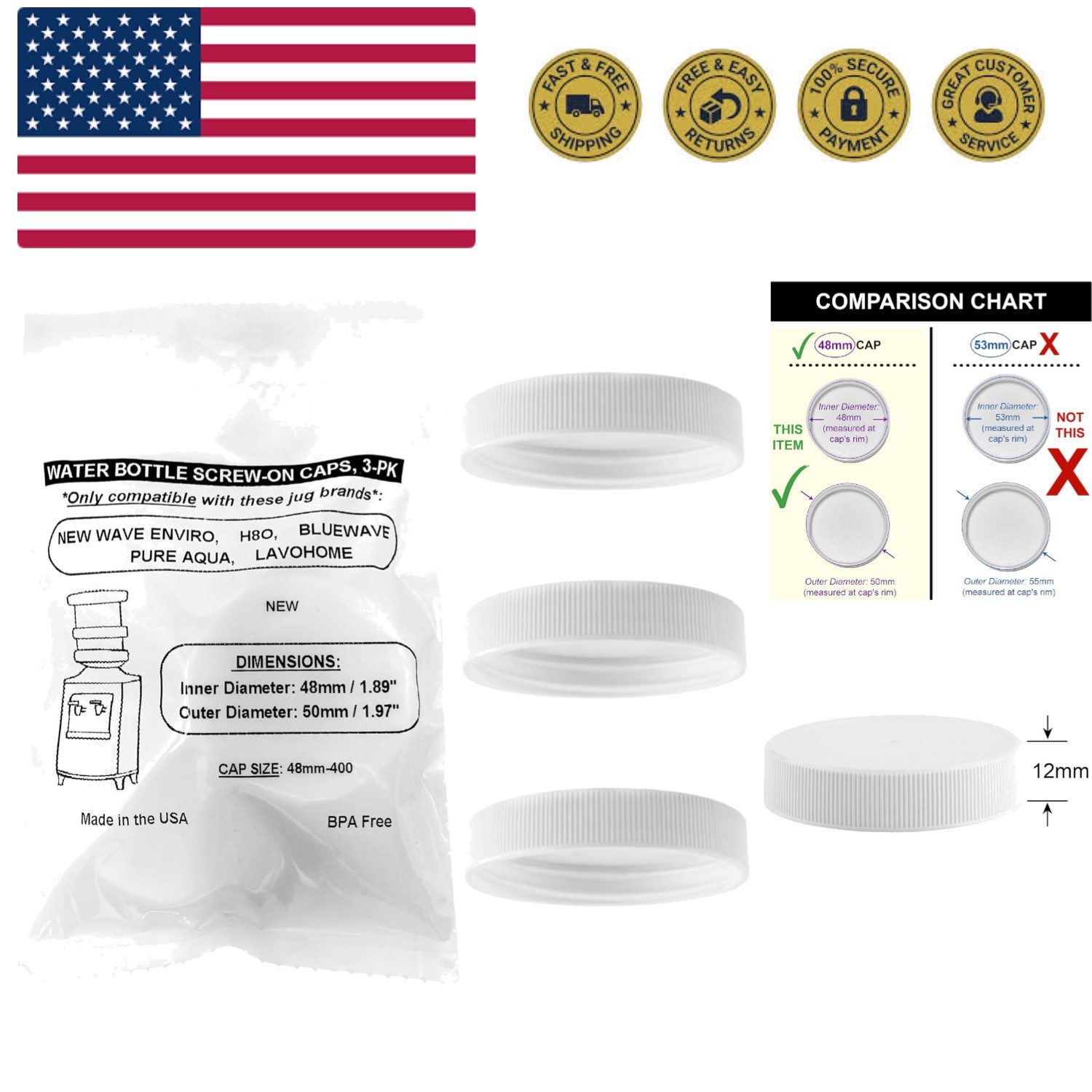 Screw-On Caps for Water Cooler/Dispenser Plastic Jugs, 48mm Bottle Lids