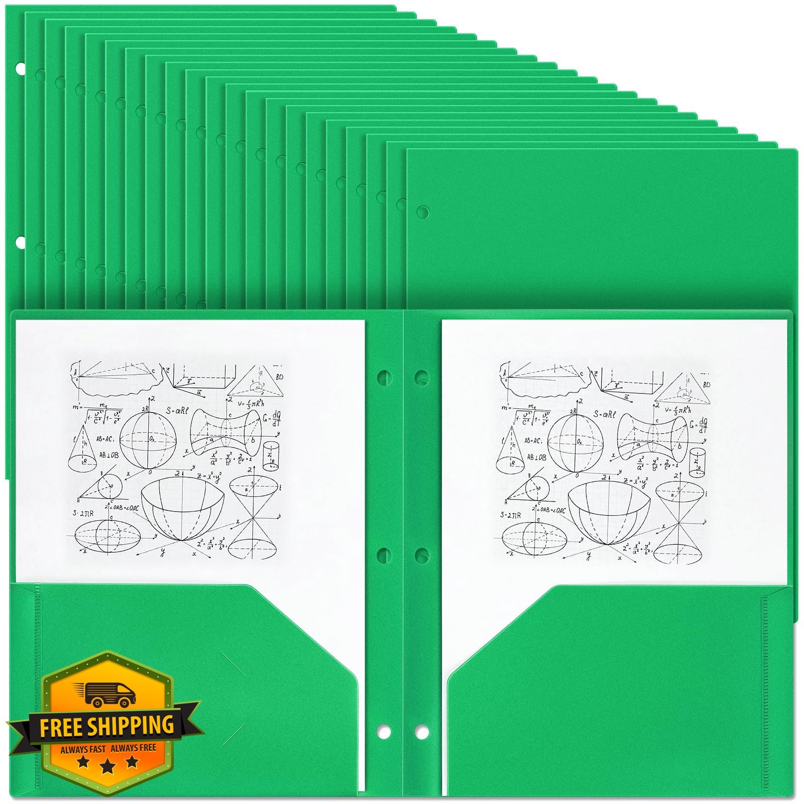 Yeaqee 100 Green 2 Pocket Plastic Folders, 3 Hole Punched