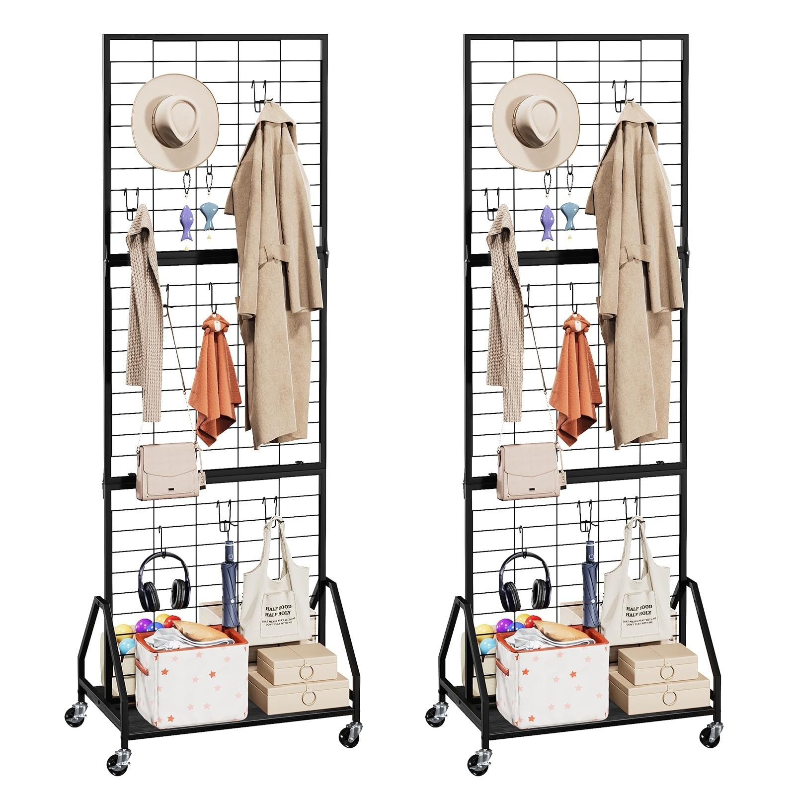 ELYKEN Foldable Grid Wall Panels Display Rack with Wheels & Storage Shelf