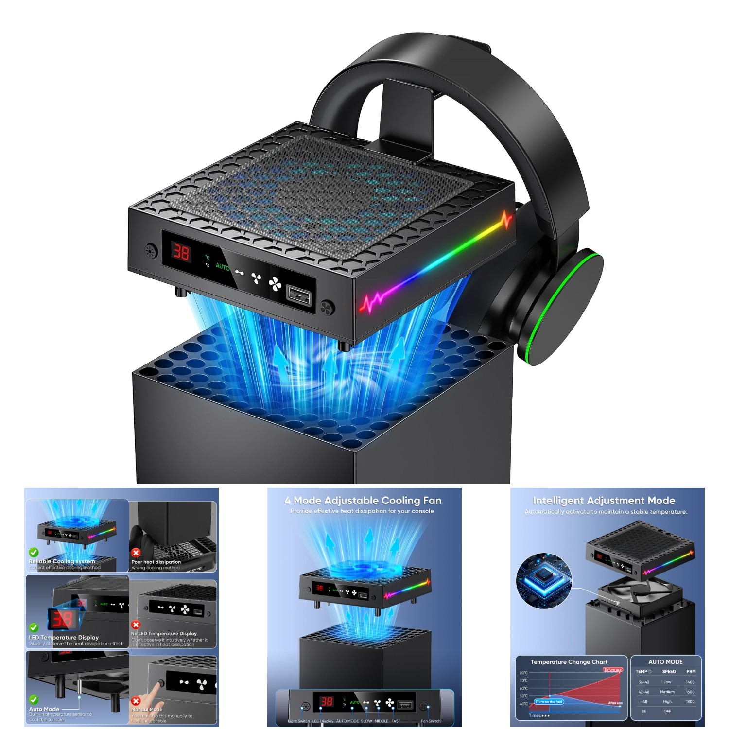 LED Display Cooling Fan Xbox X 9 RGB Adjustable Temp Cooler Light Switch