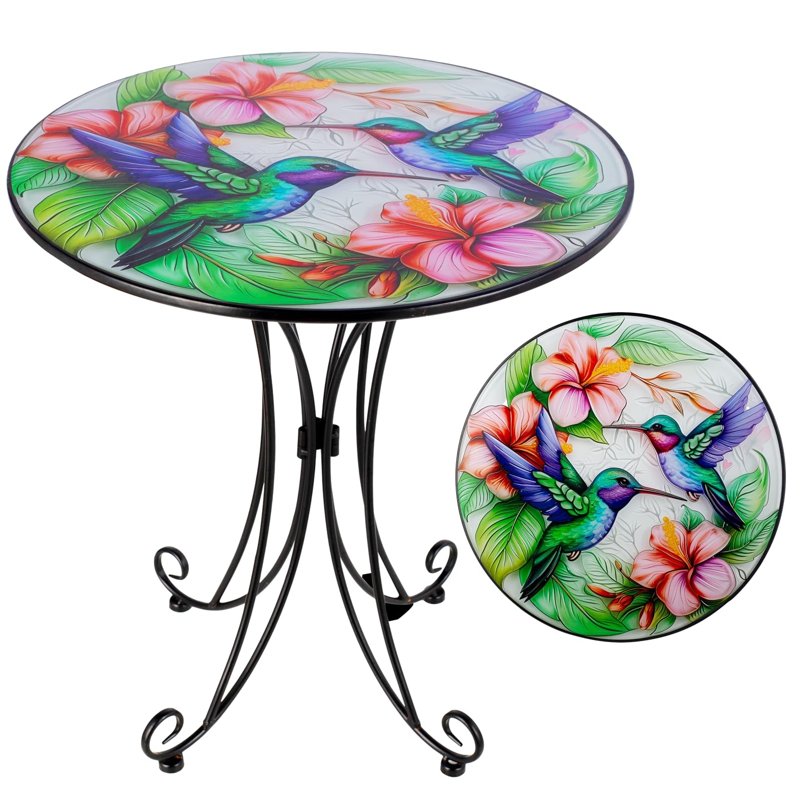 18 Inch Outdoor Side Table, Hummingbird Metal Accent Table, Indoor Small Roun...