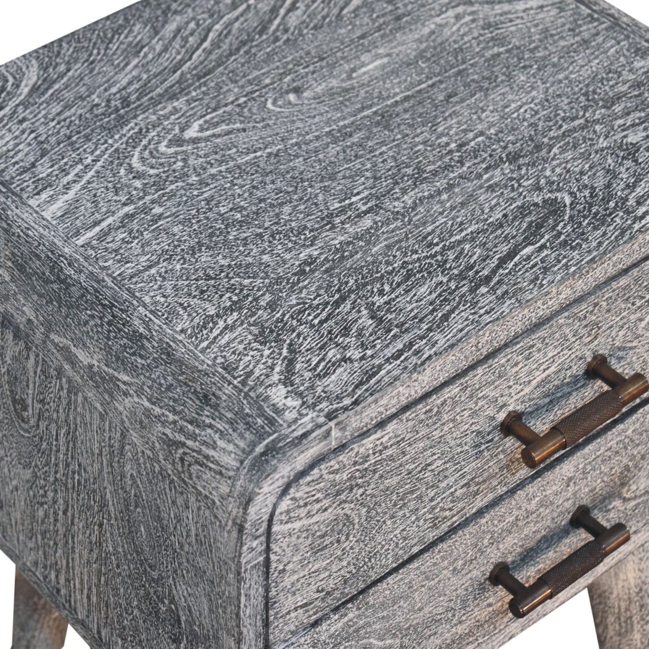 Solid Wood Sandblasted Ash Curved Bedside, 2-Drawers, Gray,Solid mango wood