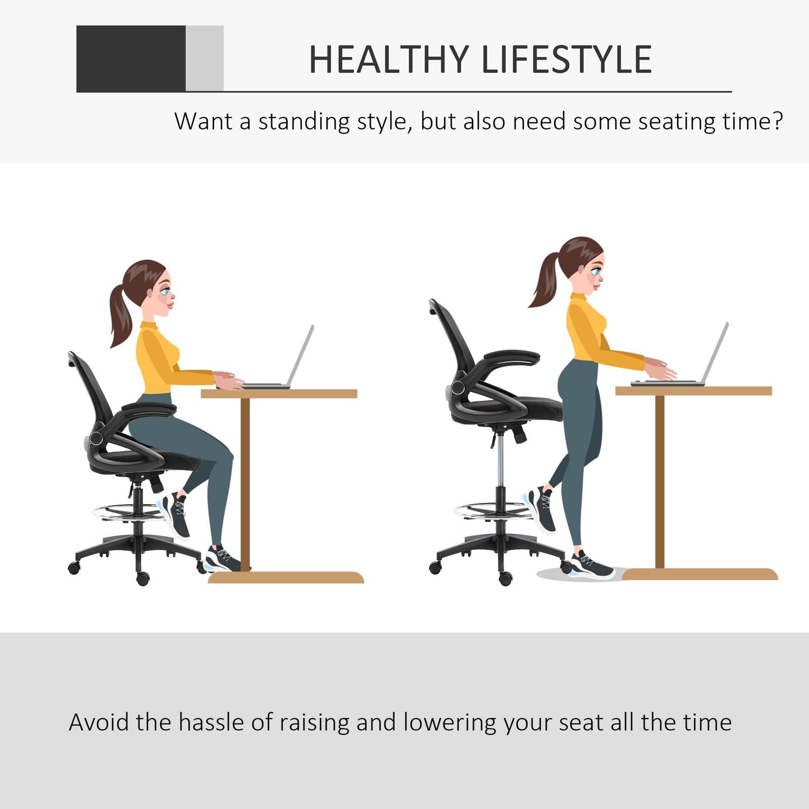 Vinsetto Mesh Drafting Chair, Tall Office Chair with Lumbar Support, Flip-Up Arm