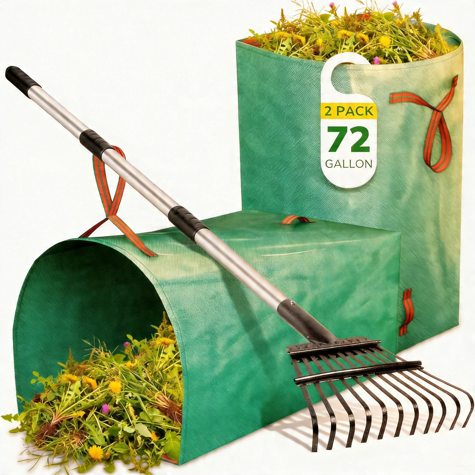 GreatBuddy Leaf Rake & 2 Pack 72 Gallon Bags Combo 11 Tines 72" Handle US