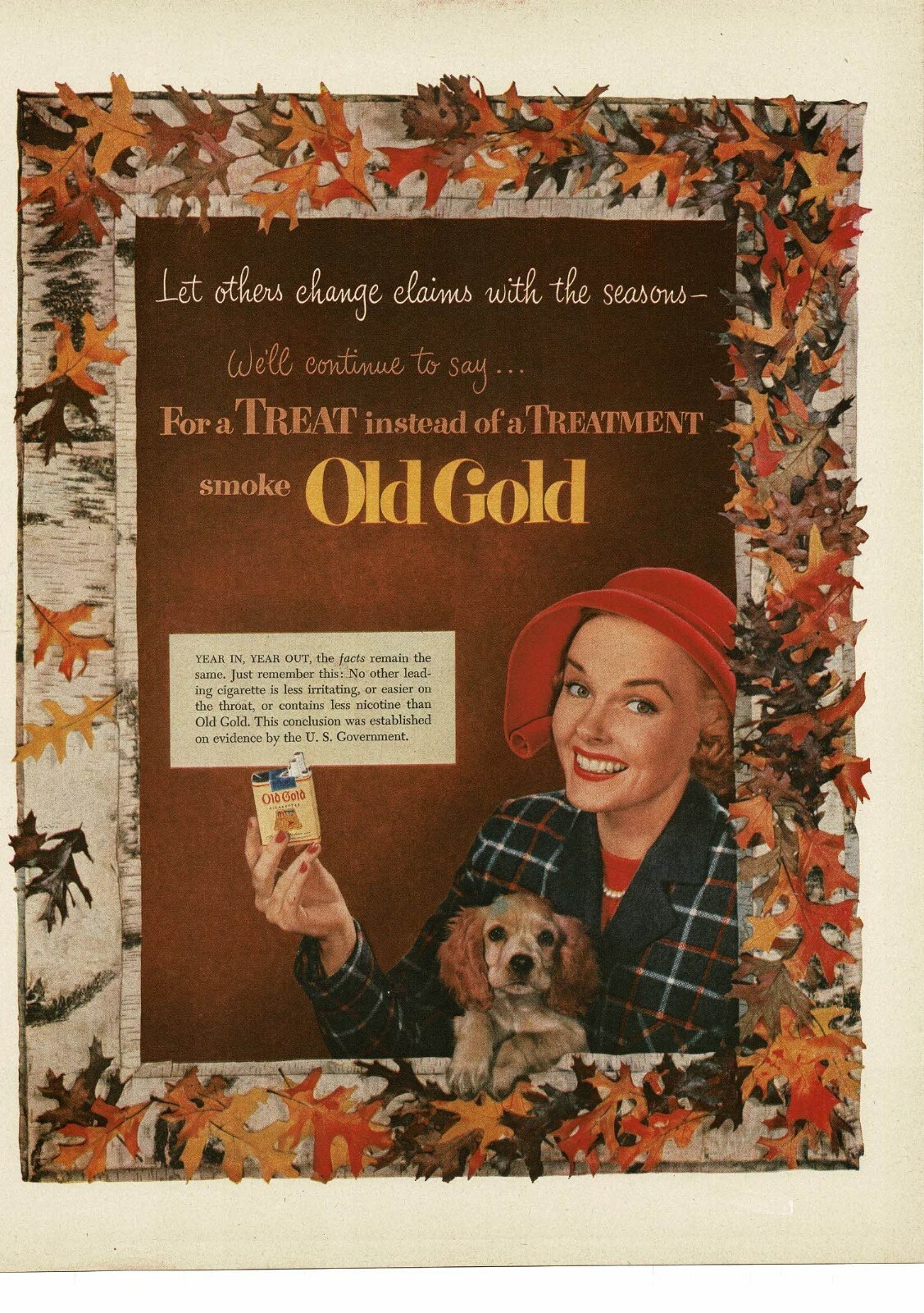 1952 OLD GOLD Cigarettes Woman with puppy Autumn leaves frame Vintage Ad
