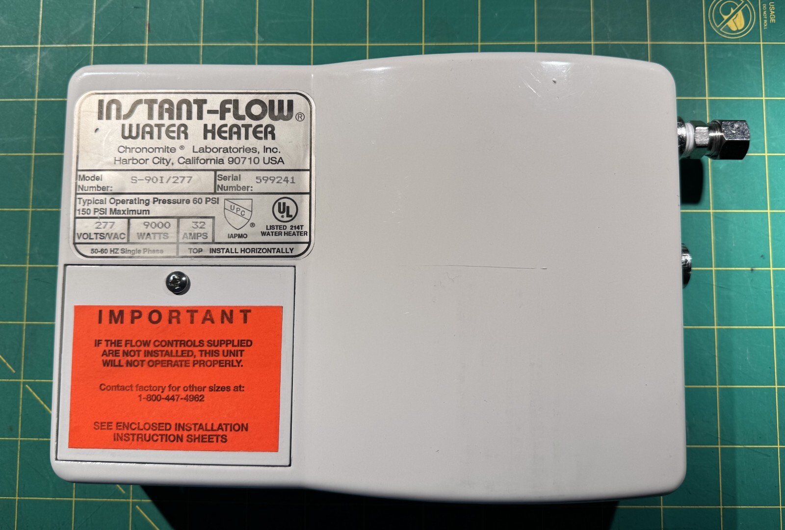 Chronomite Laboratories S-90I/277 Instant-Flow Water Heater 277V 9000W 32A