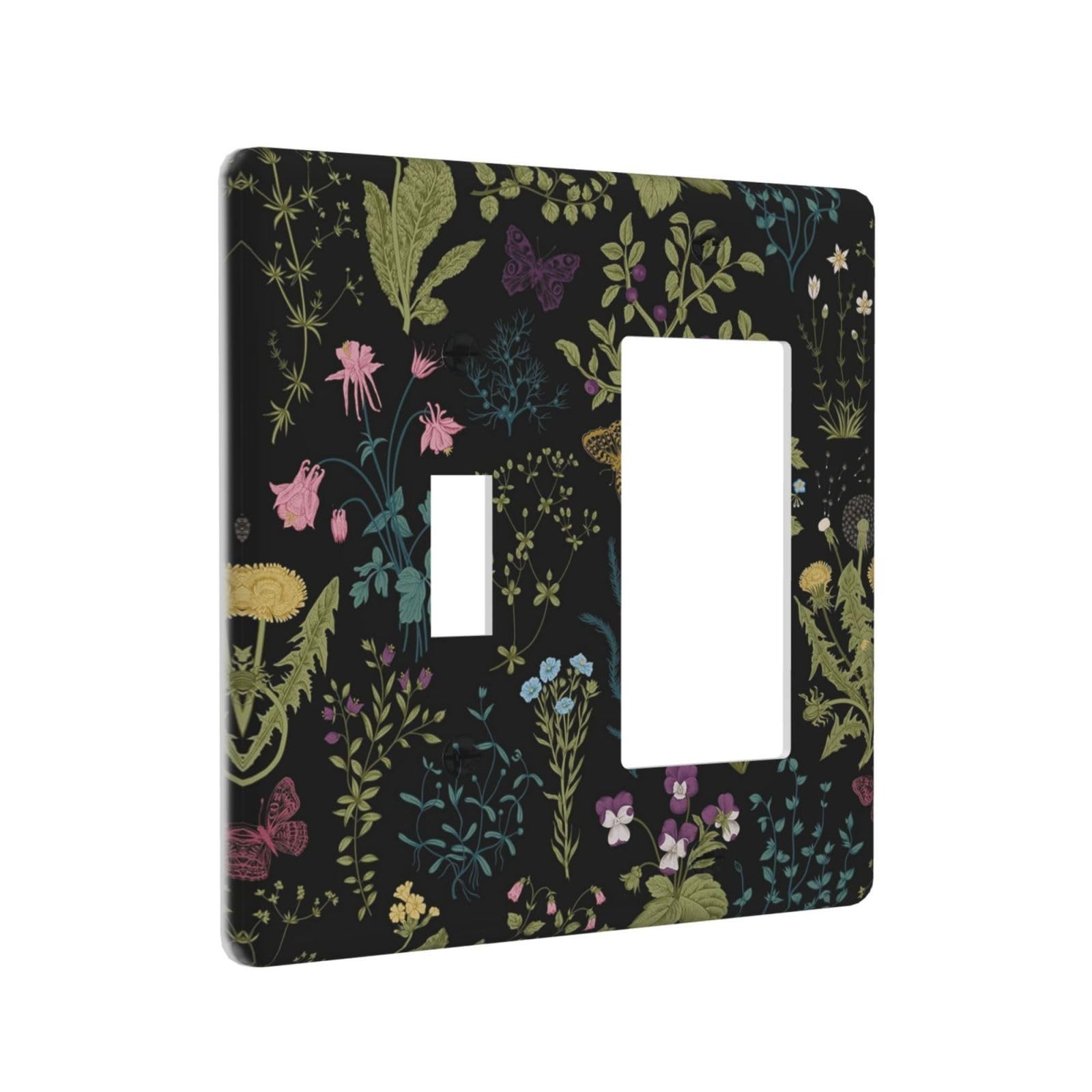 Vintage Black Herbs Floral Botanical Darkground 2 Gang Single Toggle Rocker C...