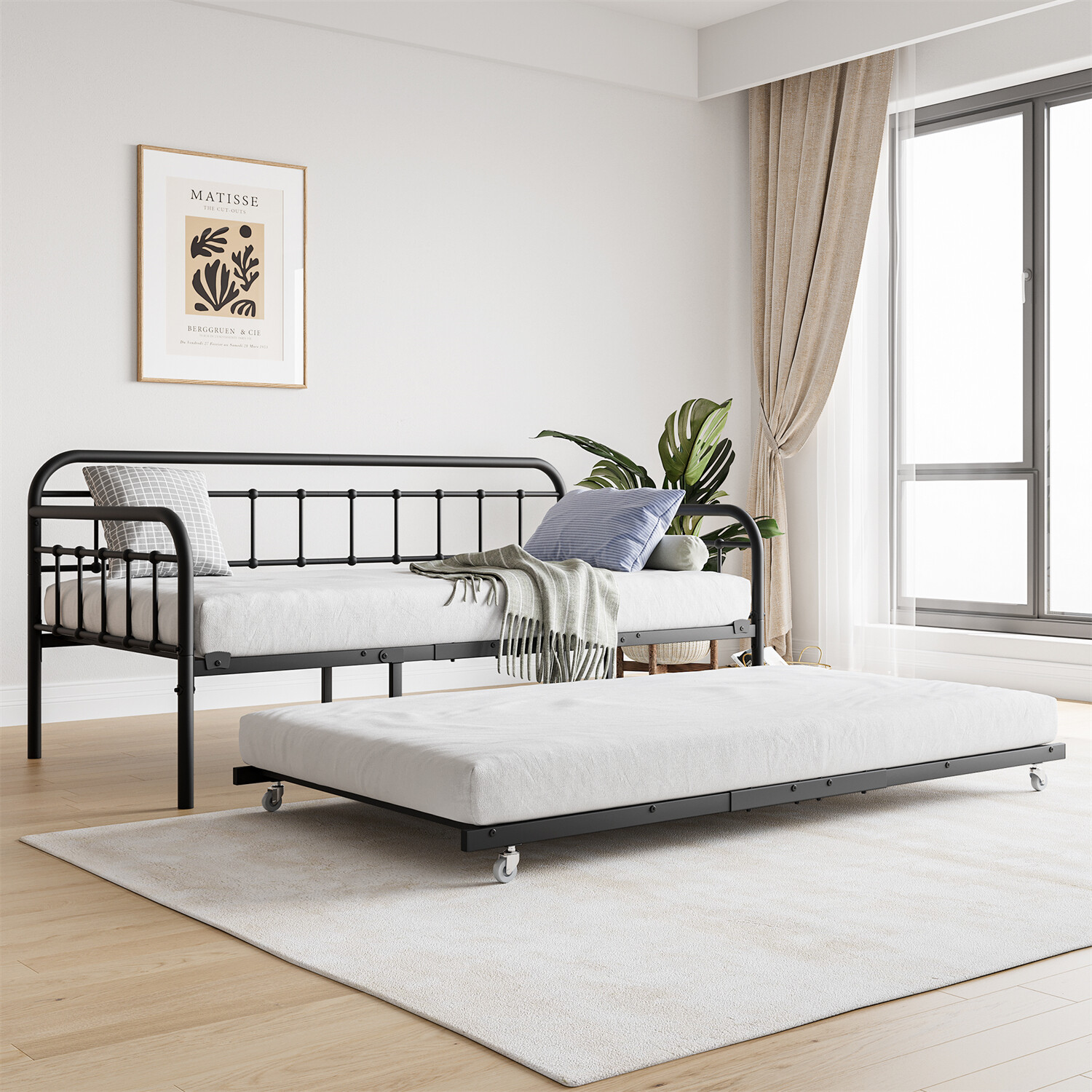 Modern Twin Size Metal Daybed Bed Frame Sofa Bed w/ Pull Out Trundle Bed Black