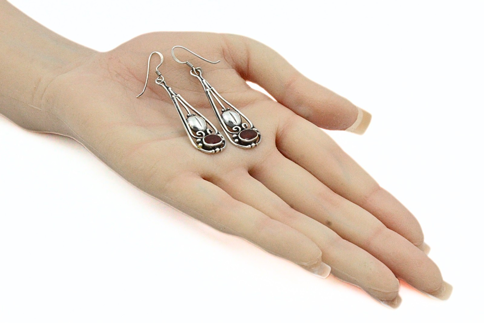 Graceful Signed Sterling Silver Cut Out Swirl Garnet Dangle Drop Earrings