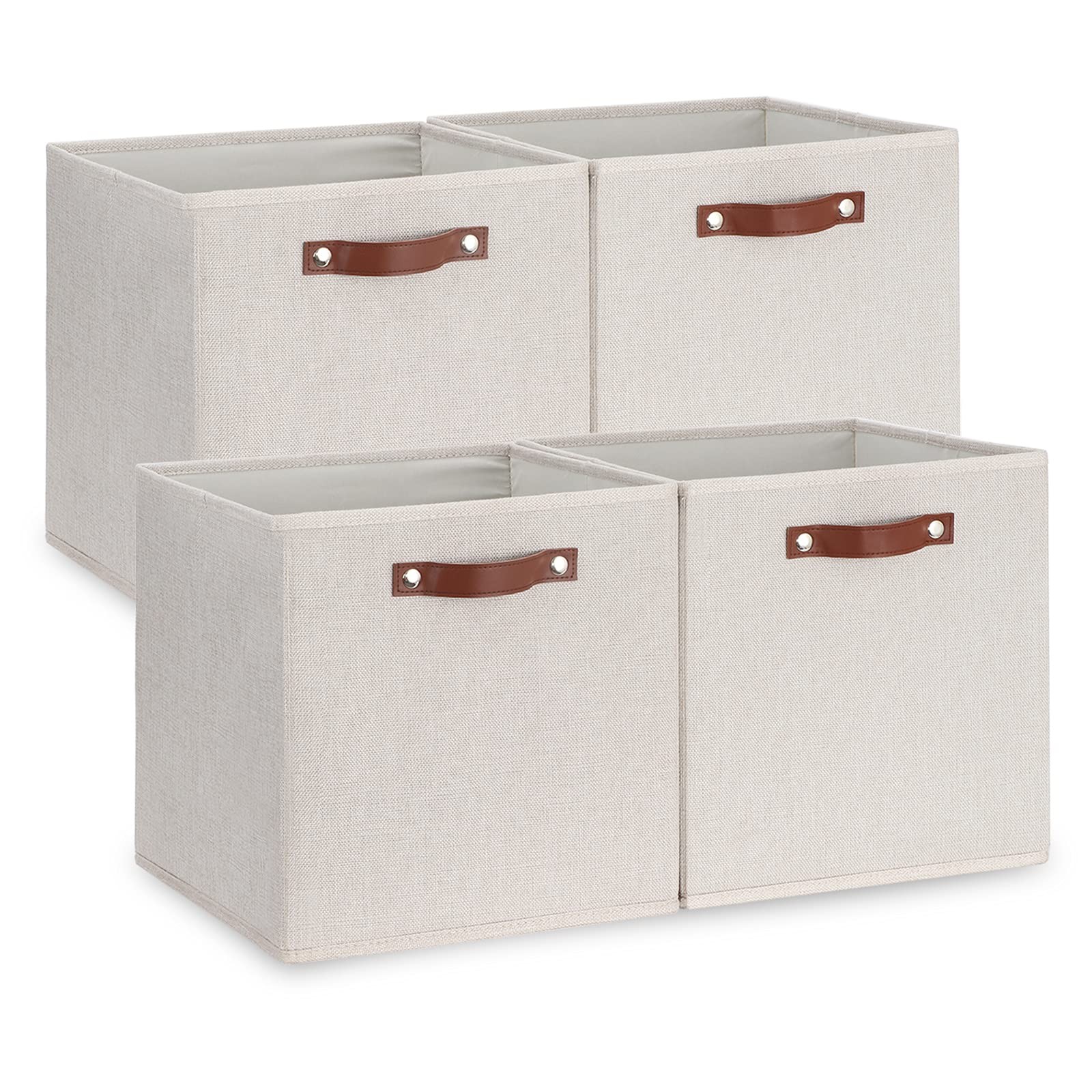 Fabric Storage Cubes Storage Bins with Dual Leather Handles, 4 Pack Cube Bask...