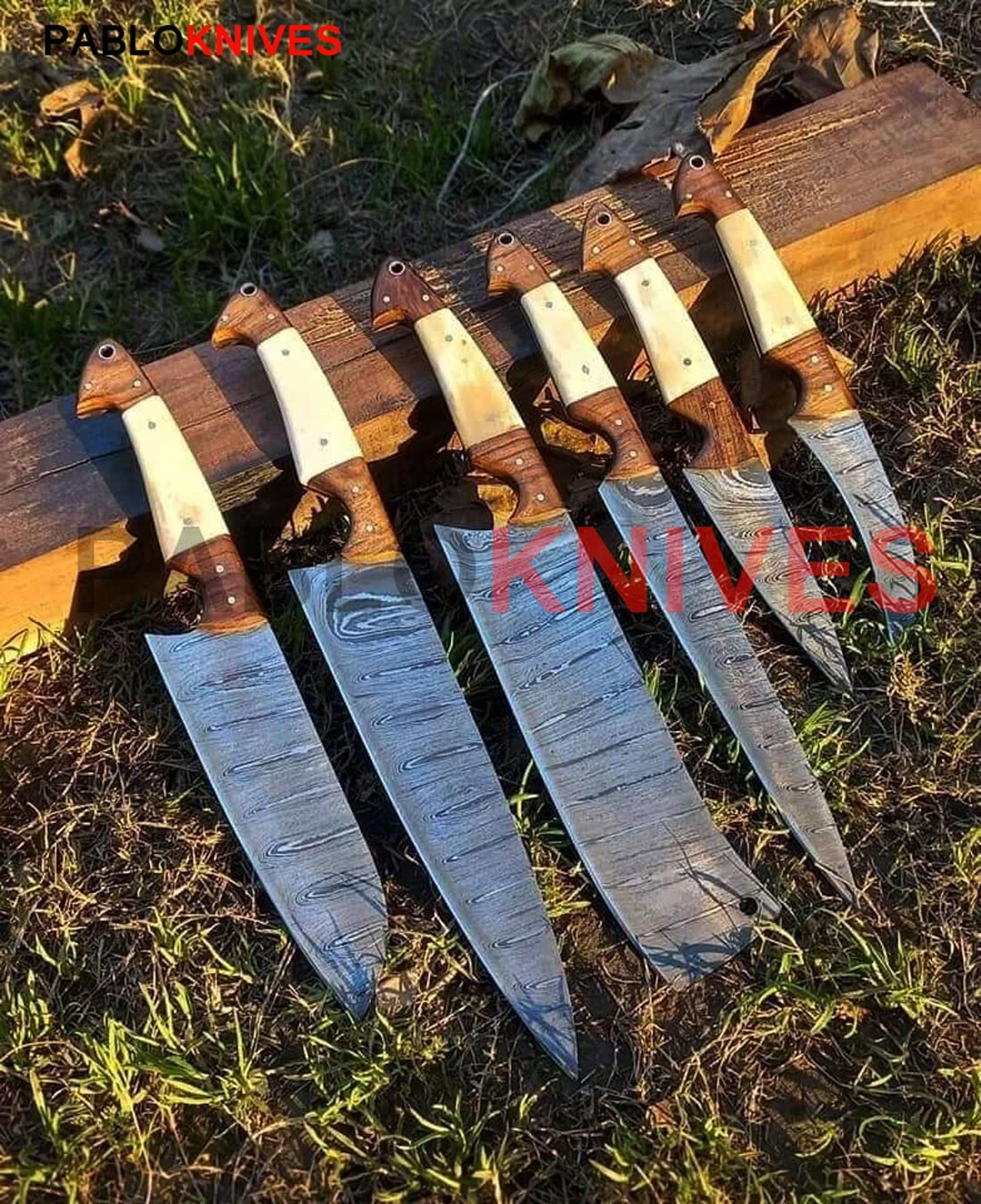 6 Pcs of Rare Hand Forged Damascus Steel Kitchen , Chef Set  , Outdoor  Knives