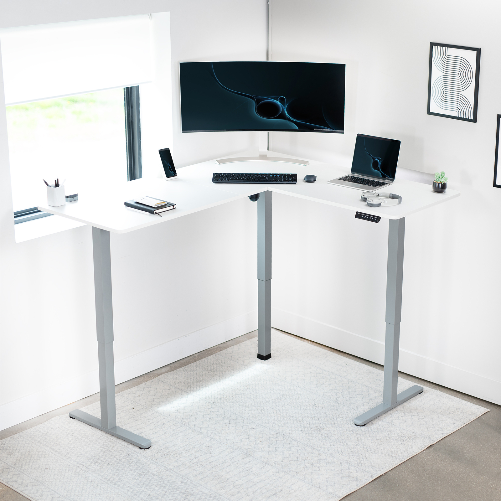VIVO White / Gray Electric 63" x 55" Corner Desk, L-Shaped Workstation