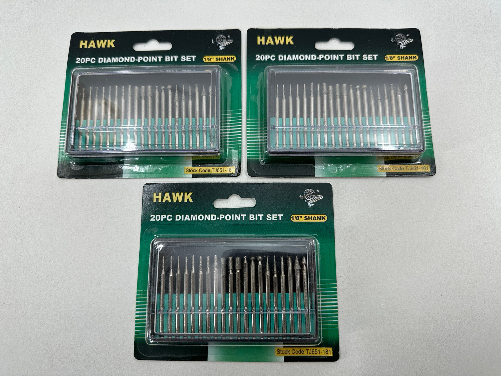 3 LOT - Hawk 20 pc Diamond Point Bit Set Burr Hobby Carving Grinding Jewelry