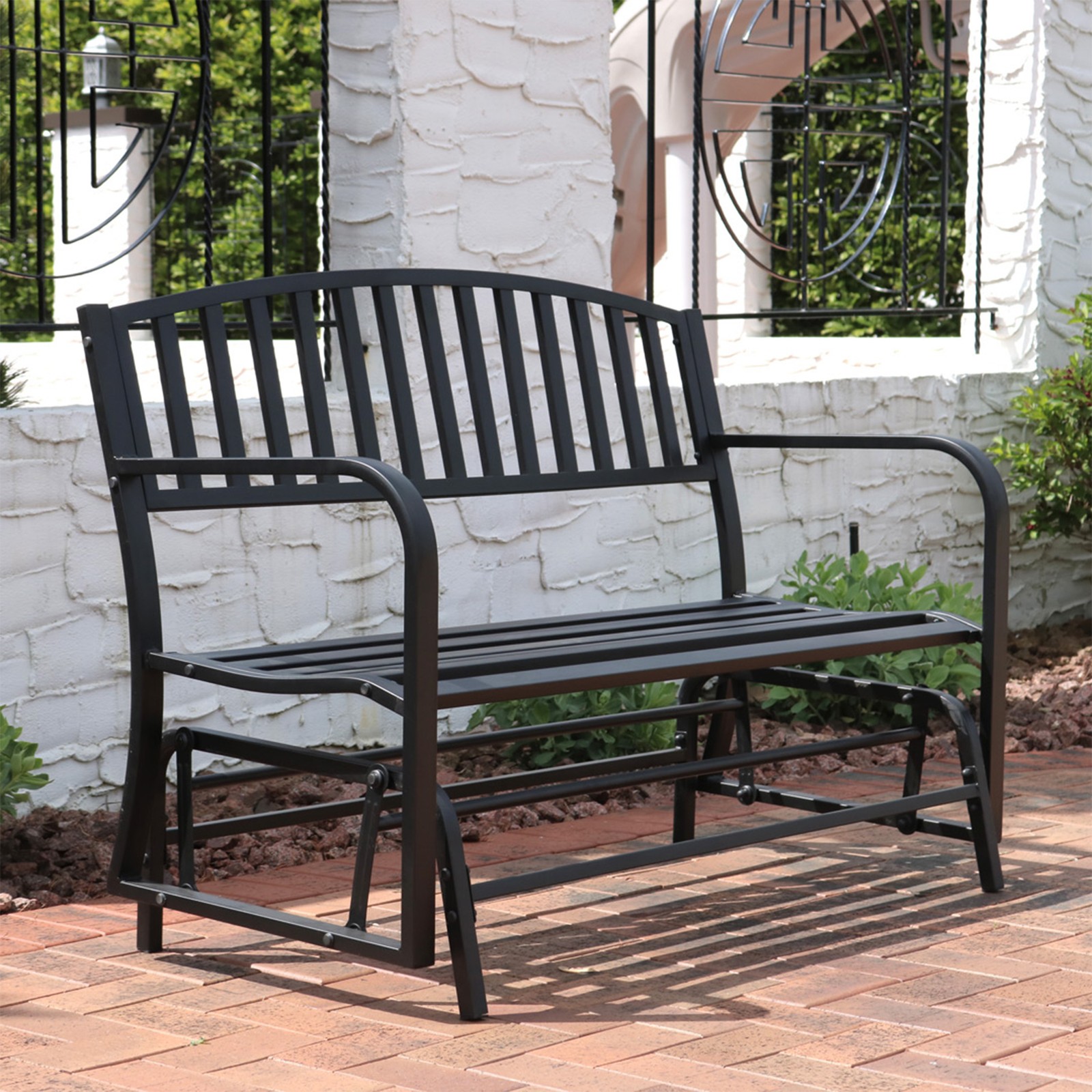 2-Person Steel Outdoor Glider Garden Bench - Black by Sunnydaze