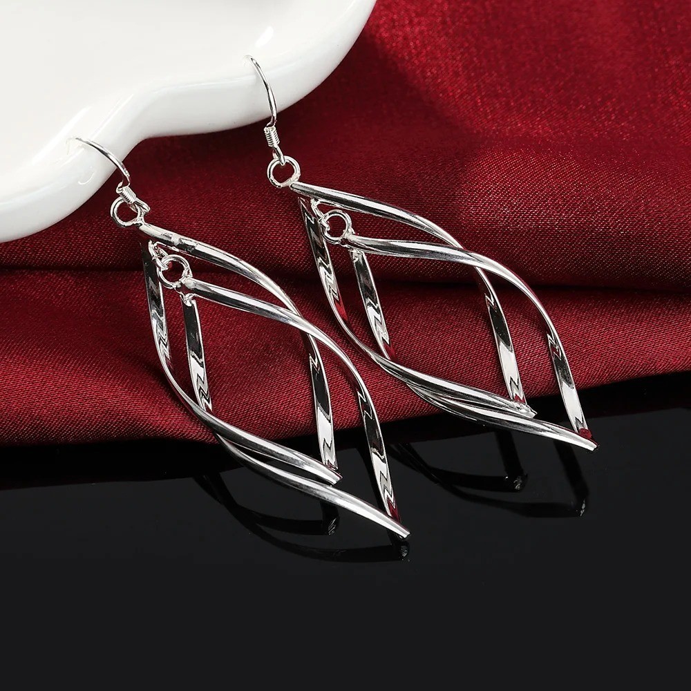 Womens 925 Sterling Solid Silver Twist Spiral Long Drop Dangle Charm Earrings