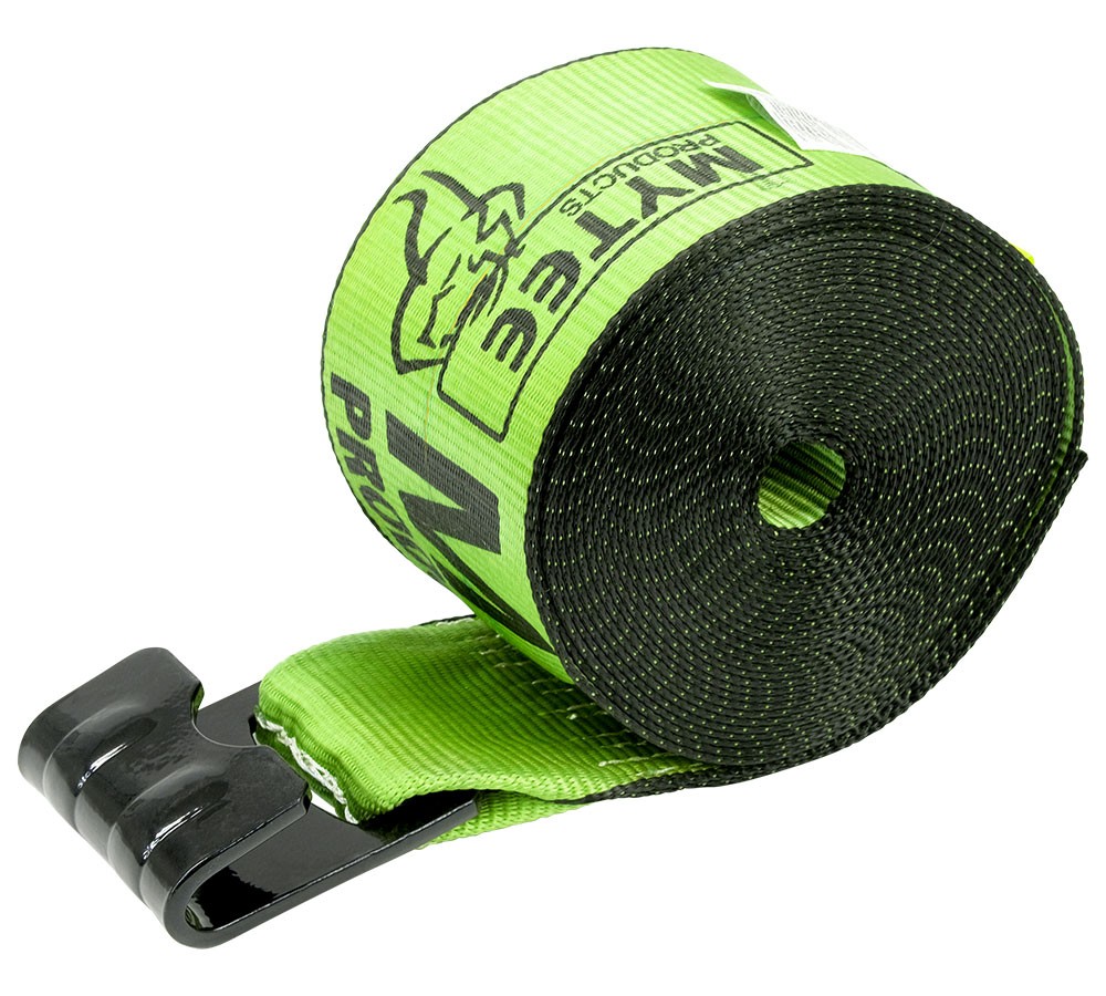 Winch Straps 4"x30' Hi-Vis Safety Green Tie Down w/Flat Hooks WLL# 5400 lbs