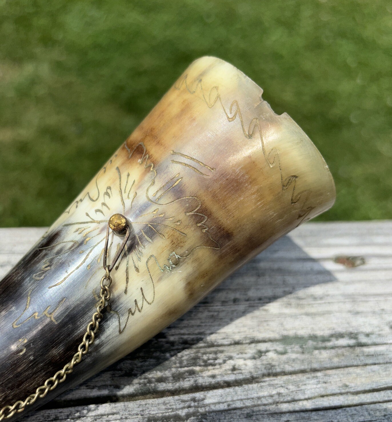 Antique Powder Horn Genuine Horn Brass Fittings Chain Carved Designs Signed Date