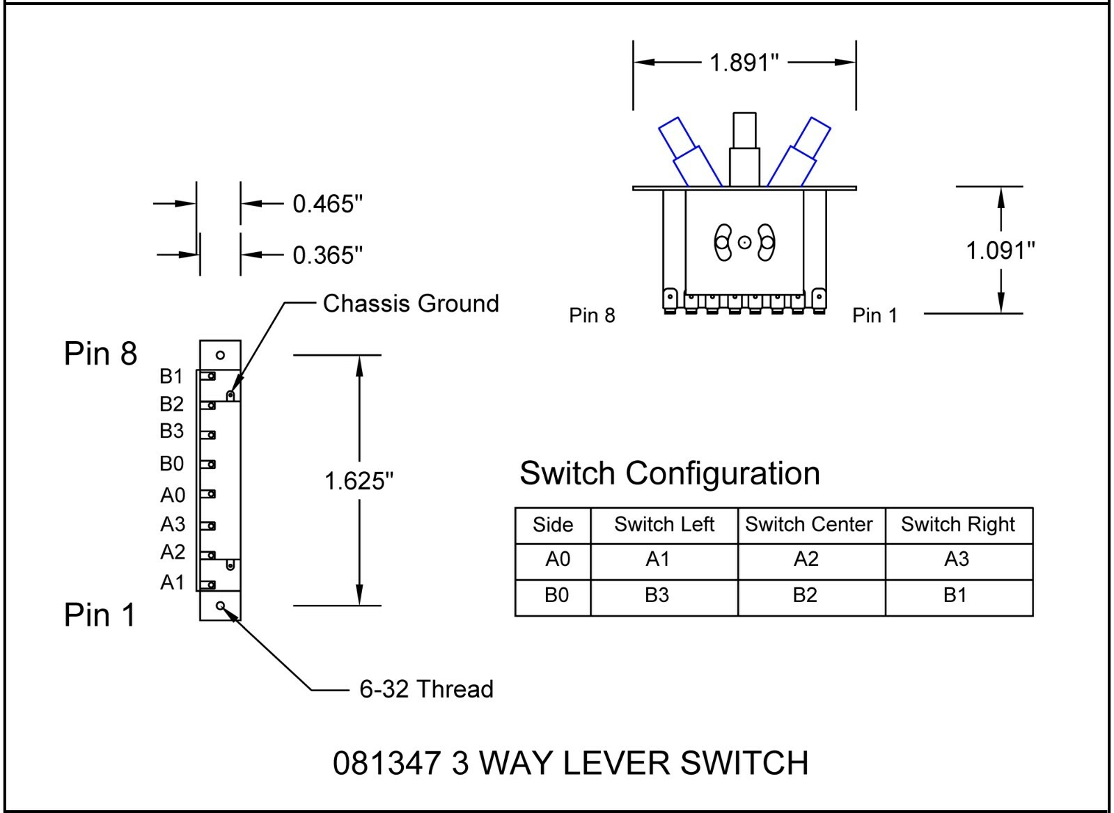 Switch 3 Way Lever with Black Knob 081347BK