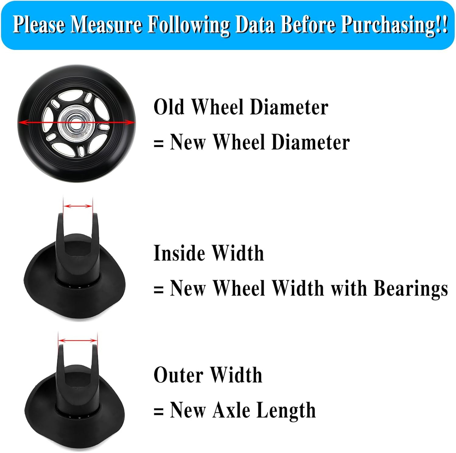50Mm X 18Mm Set of 4 Luggage Suitcase Replacement Wheels, Rubber Swivel Caster W
