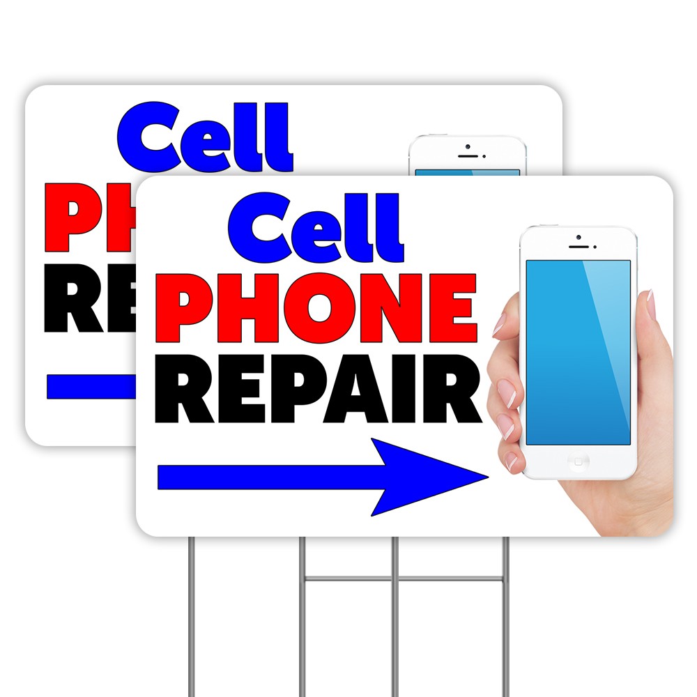 Cell Phone Repair (Arrow) 2 Pack Double-Sided Yard Signs (Made In Texas)