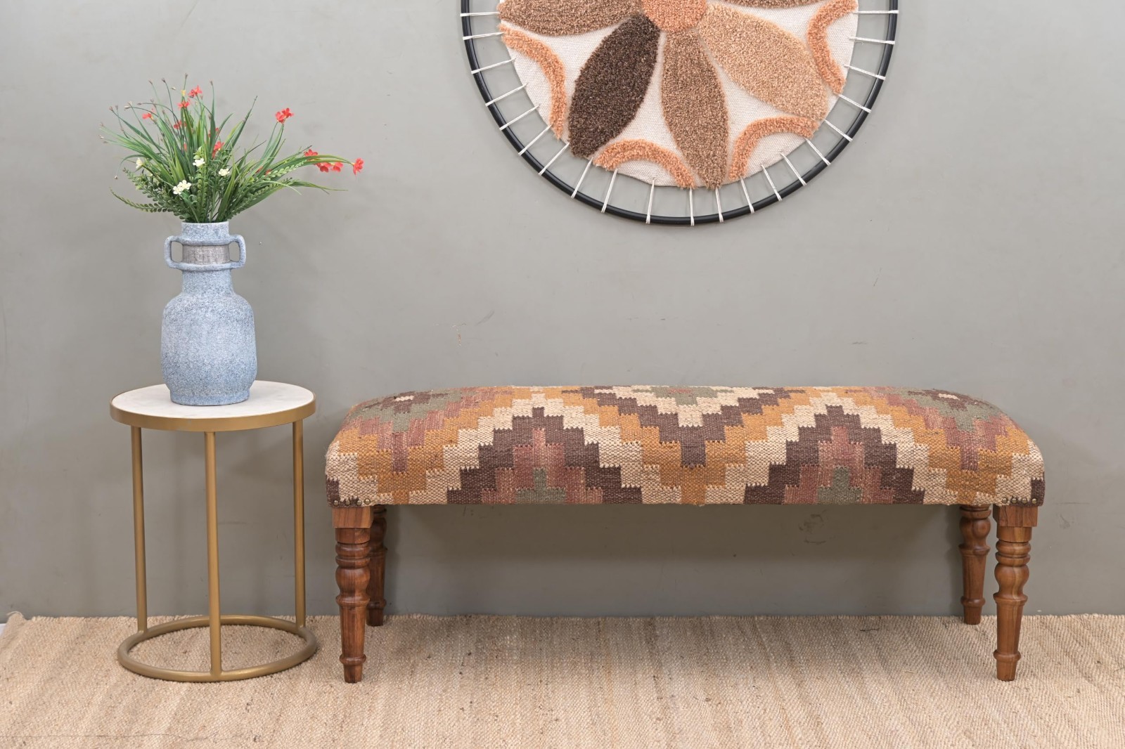NATURAL FURNISH Acacia Wood Kilim Jute Upholstered Bench Ottoman for Home-Multi