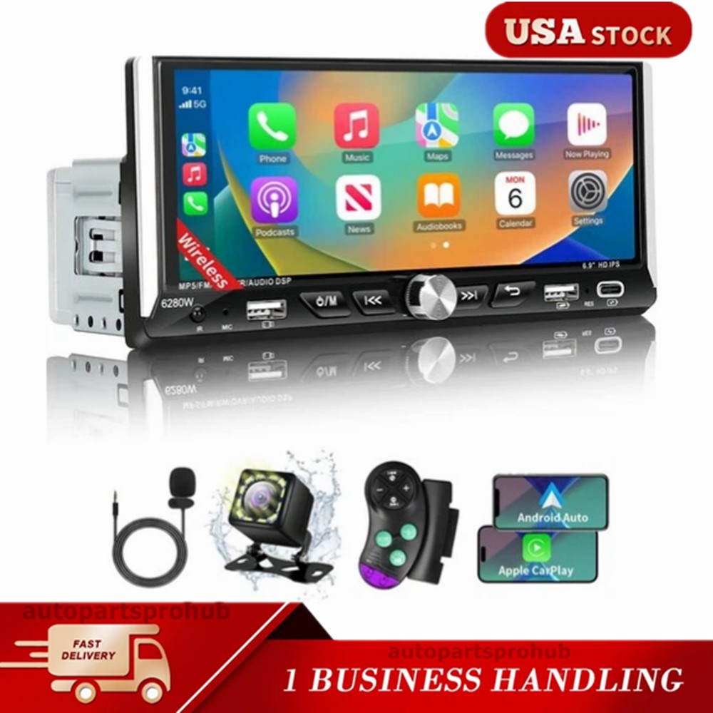 6.86' Single Din Touchscreen Car Stereo with Wireless Apple Carplay Android Auto