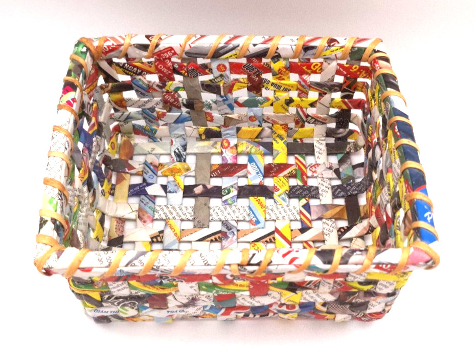 Handcrafted Recycled Magazines Rectangular Basket Artisan Upcycled Box 8.25"