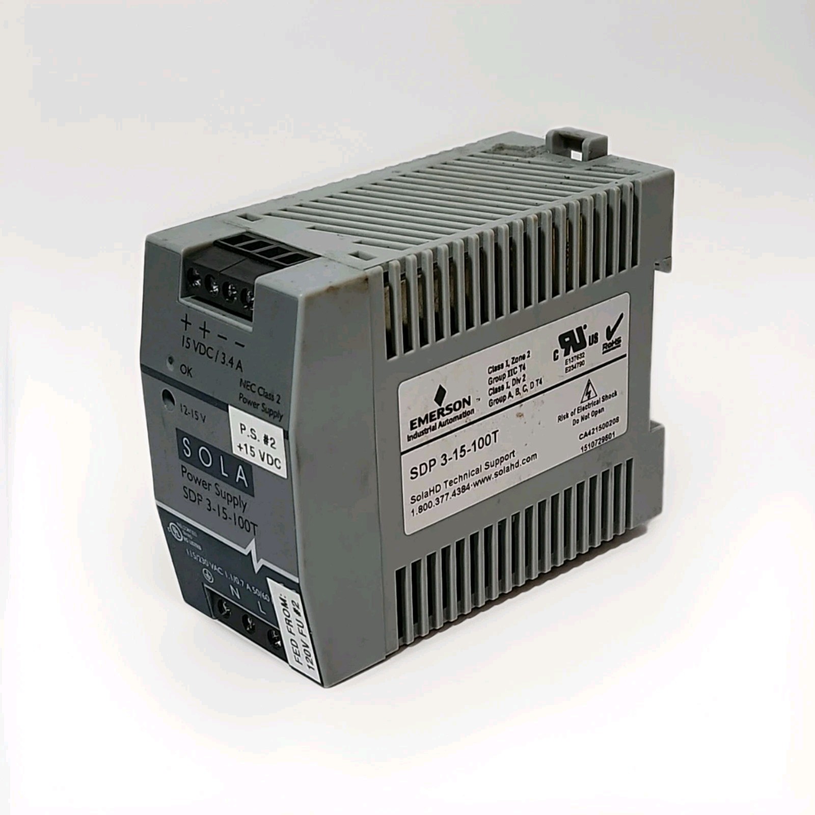 Emerson SolaHD SDP 3-15-100T DIN Rail Power Supply 15VDC 3.4A 50W Sola Hevi-Duty