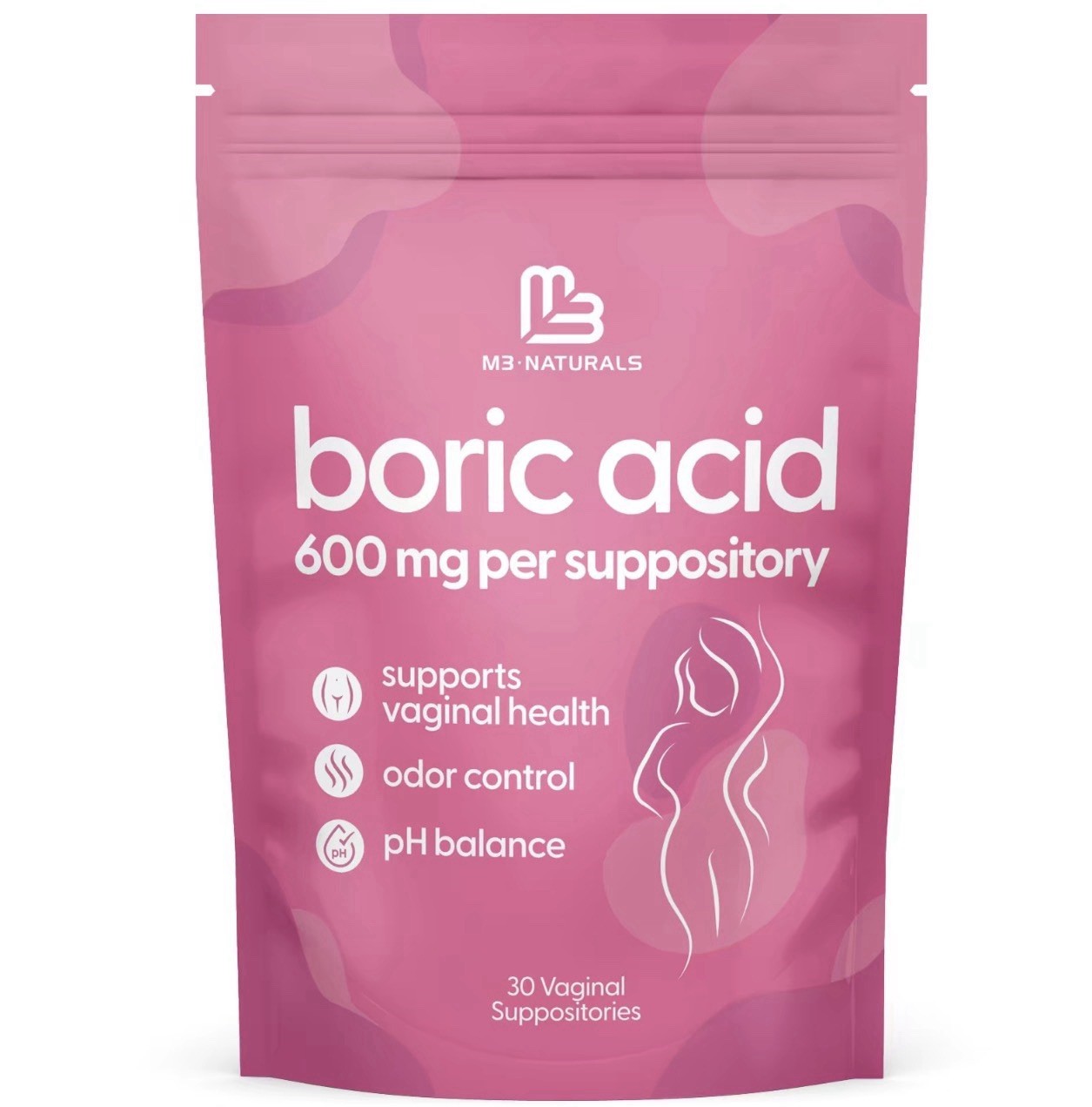 M3 Naturals Boric Acid Vaginal Suppositories for Women 30ct