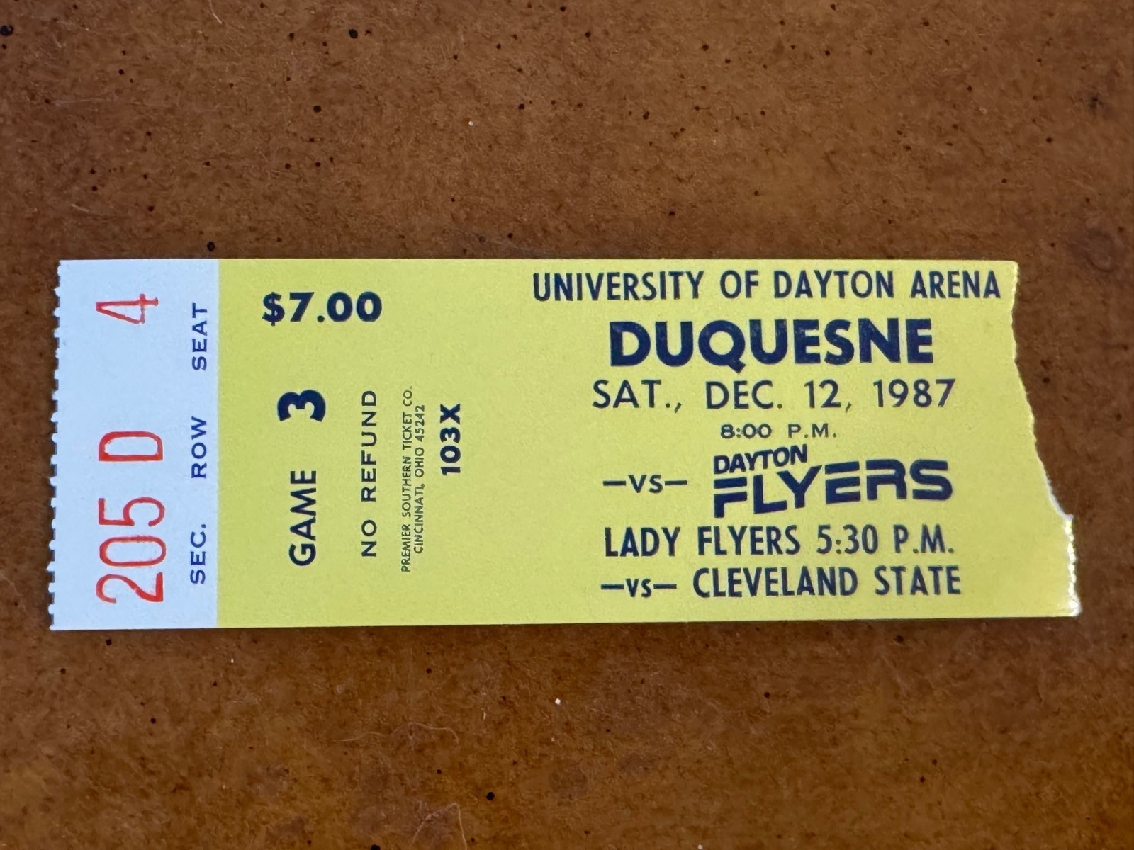 1987 Dayton Flyers Duquesne Dukes Basketball Ticket Collins Dobbs Darrell White