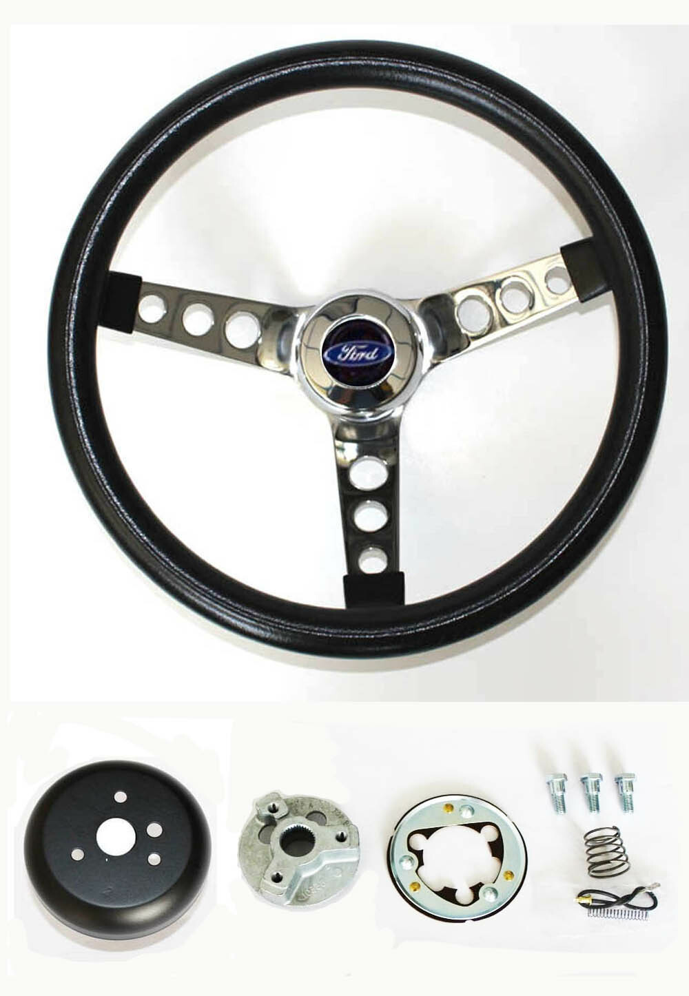 New! Explorer Ranger Black Steering Wheel Grant 13 1/2" chrome spokes Ford cap