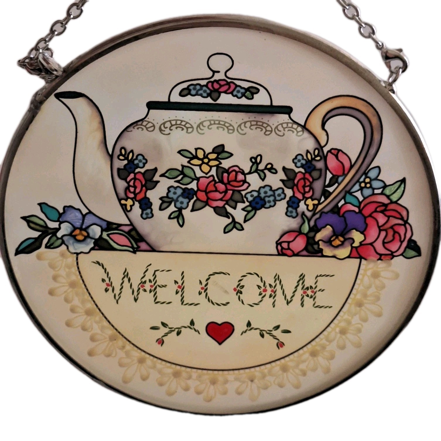 Amia Hand Painted Glass Suncatcher Welcome Teapot Floral Round 4.75"