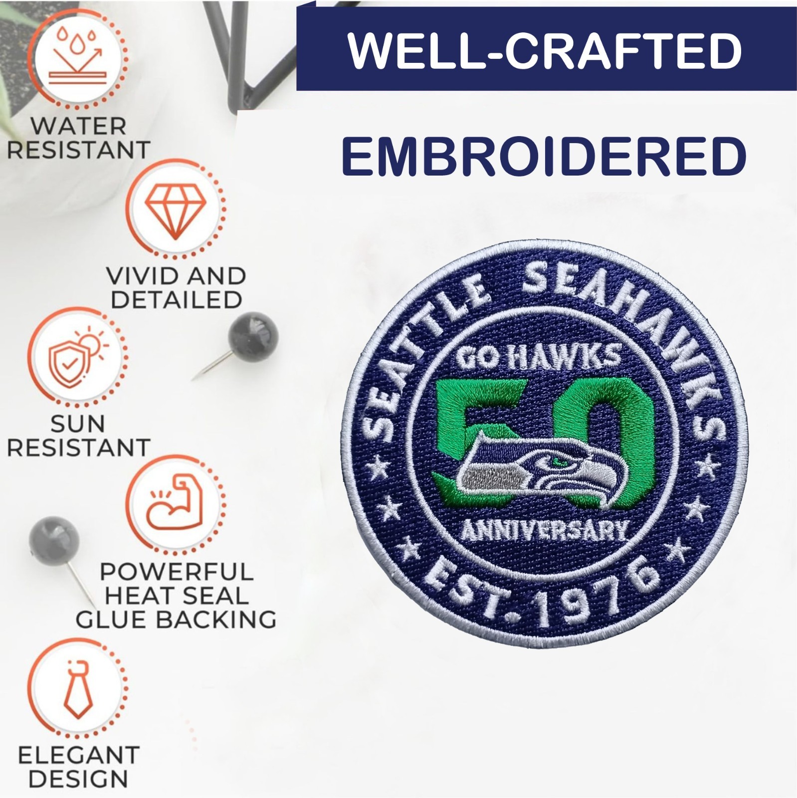 Seahawks 50th Anniversary Logo Iron On Patch-Sew Patch-Embroidered Patch