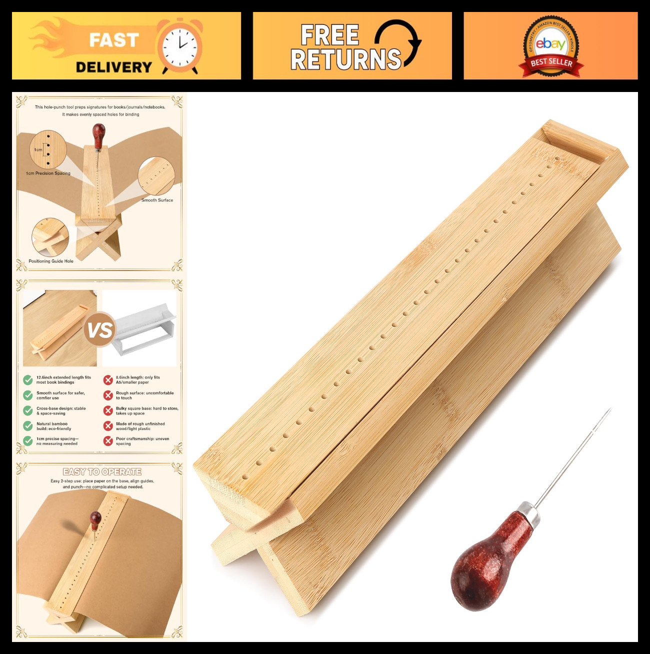 Bamboo Book Binding Cradle & Awl Kit - Durable Bookbinding Supplies, Easy Storag